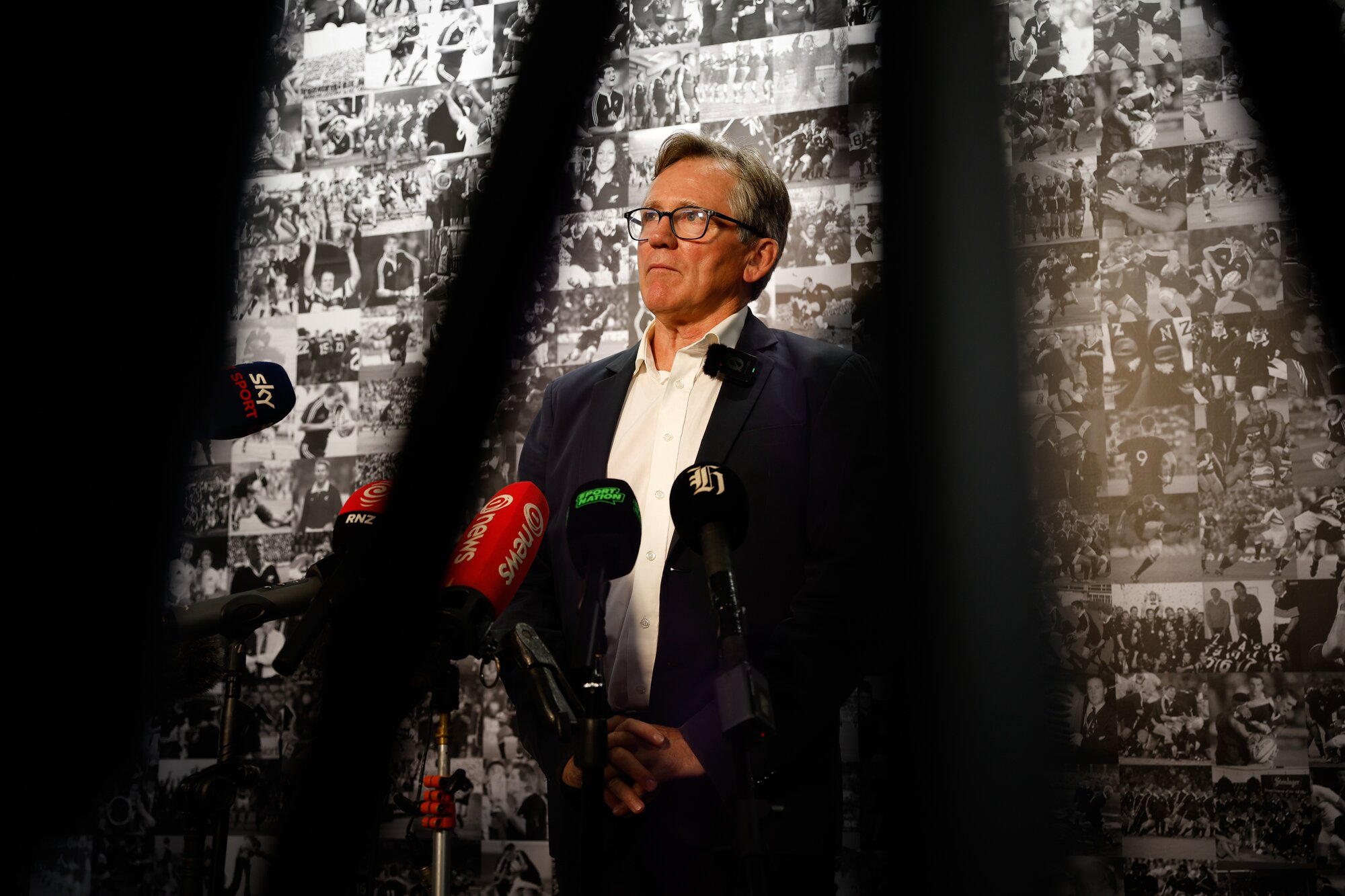 New Zealand Rugby chair David Kirk pictured talking to the media at a press conference following Scott Robertson stepping down from the All Blacks coaching role.