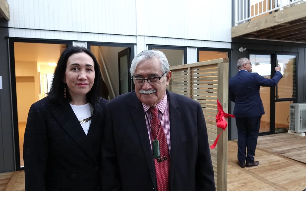 Te Hau Ora O Ngapuhi chief executive Tia Ashby and kaumatua Fred Sadler at the opening of the new apartments. Photo / Peter de Graaf

