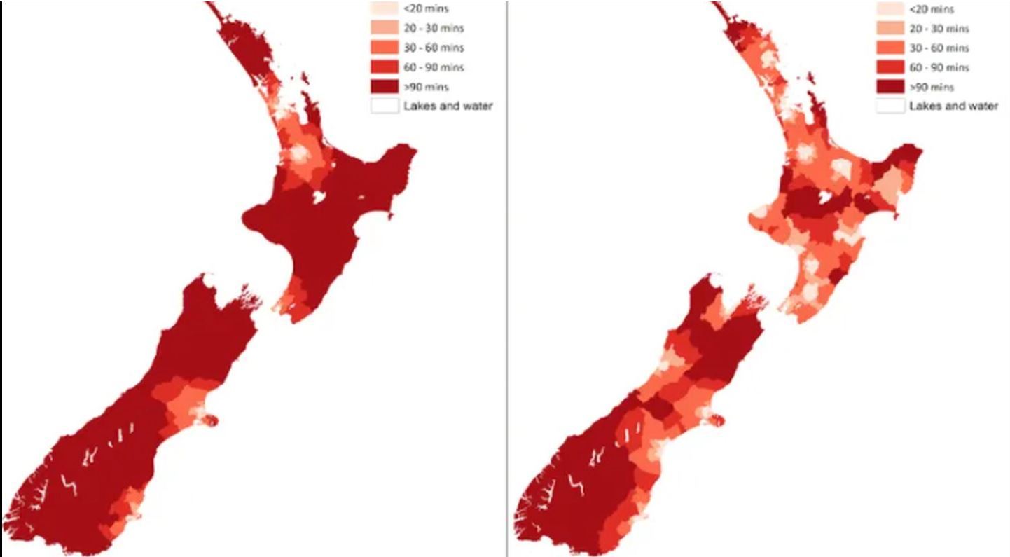 A map by health geographer Dr Jesse Whitehead showing travel times to a local or metropolitan hospital. Source / Jesse Whitehead