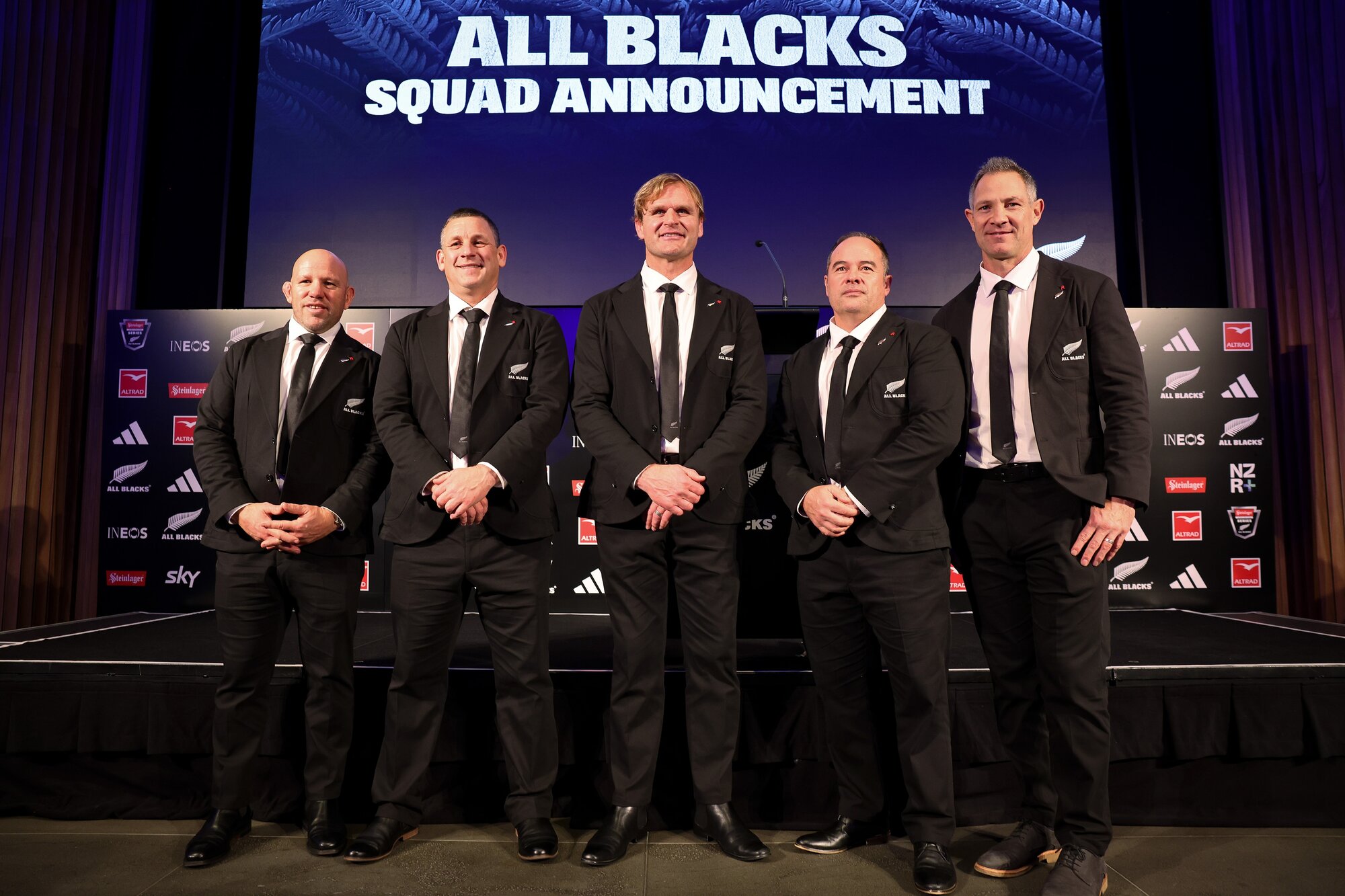 All Blacks coaching staff at the announcement of the first squad in 2024 (from left): Jason Ryan, Jason Holland, Scott Robertson, Scott Hansen and Leon MacDonald. Photo / Photosport