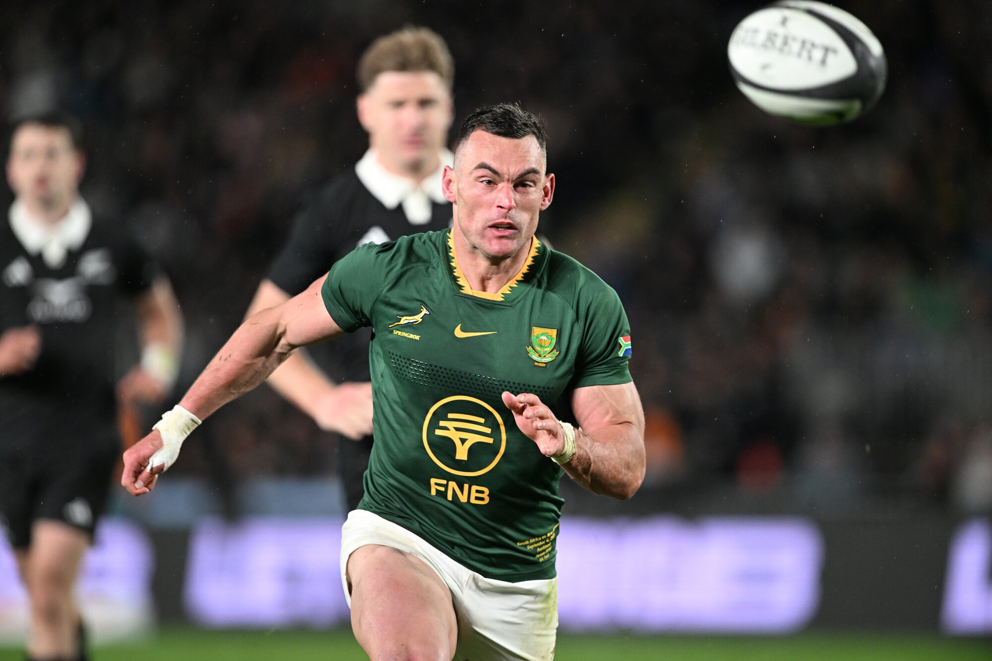 Springboks skipper Jesse Kriel chases the ball at Eden Park. Photo / Photosport