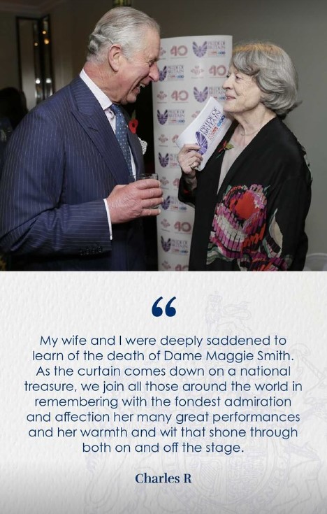 The Royal Instagram account shared a tribute to Dame Maggie Smith.