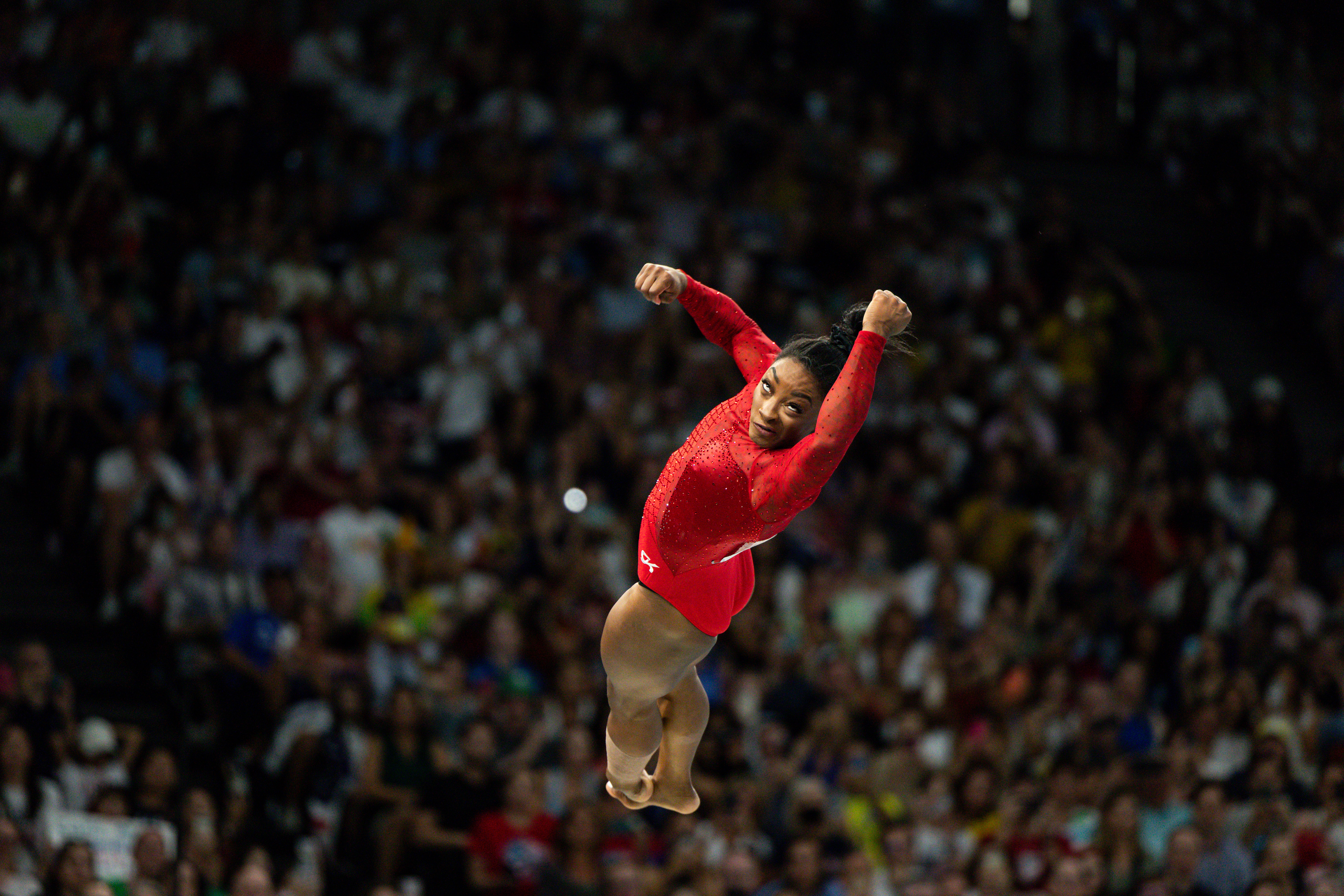 A soaring Simone Biles lands her third gold medal of the Paris Olympics. Photo / Getty Images