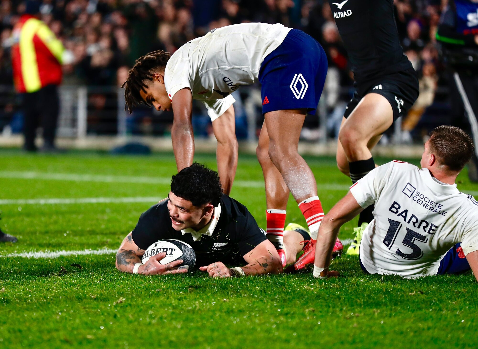 Du’Plessis Kirifi goes over for a vital All Blacks try against France in Hamilton. Photo / Dean Purcell