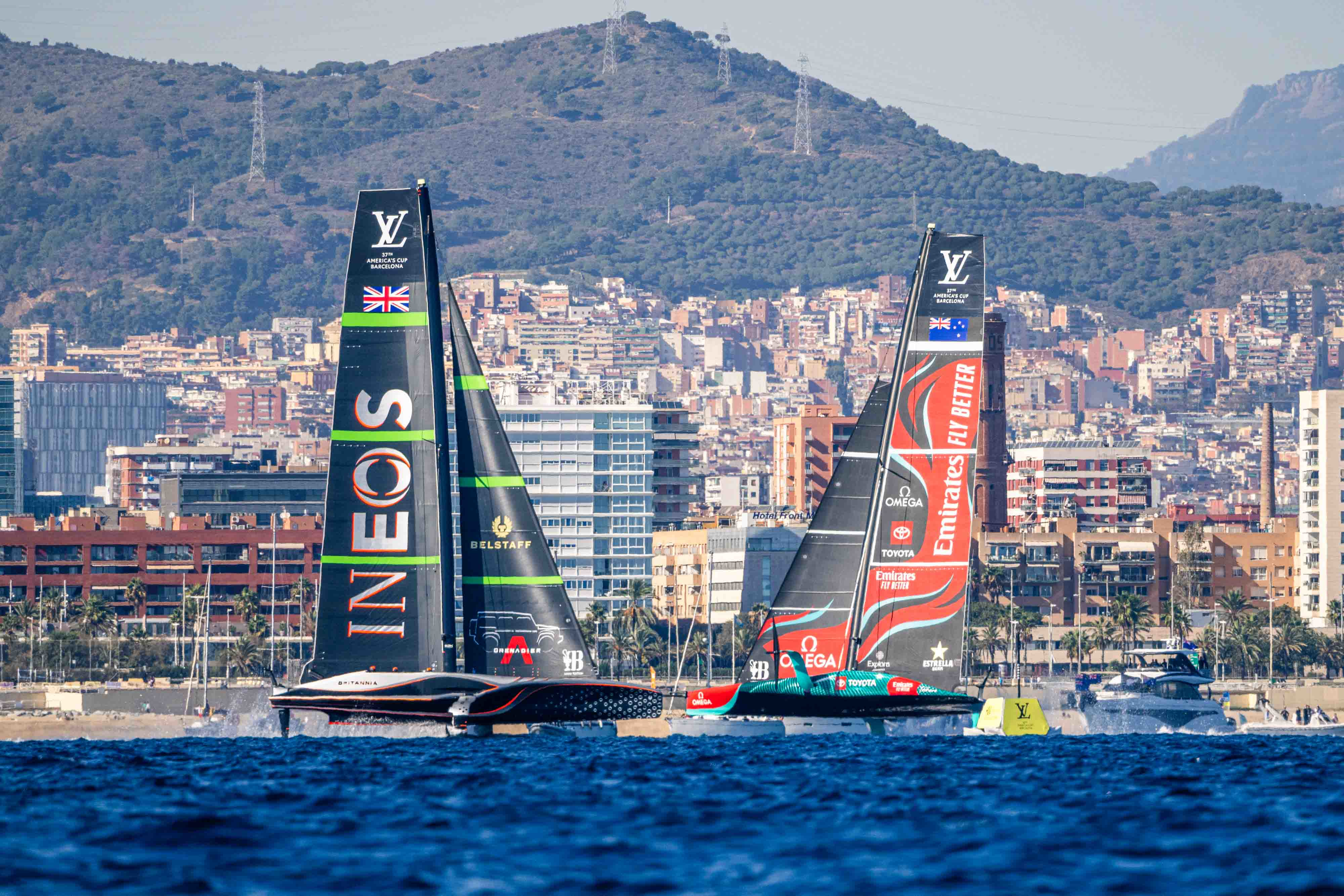 Emirates Team New Zealand and Ineos Britannia race during the Louis Vuitton 37th America’s Cup in Barcelona, Spain, last year. Photo / Photosport