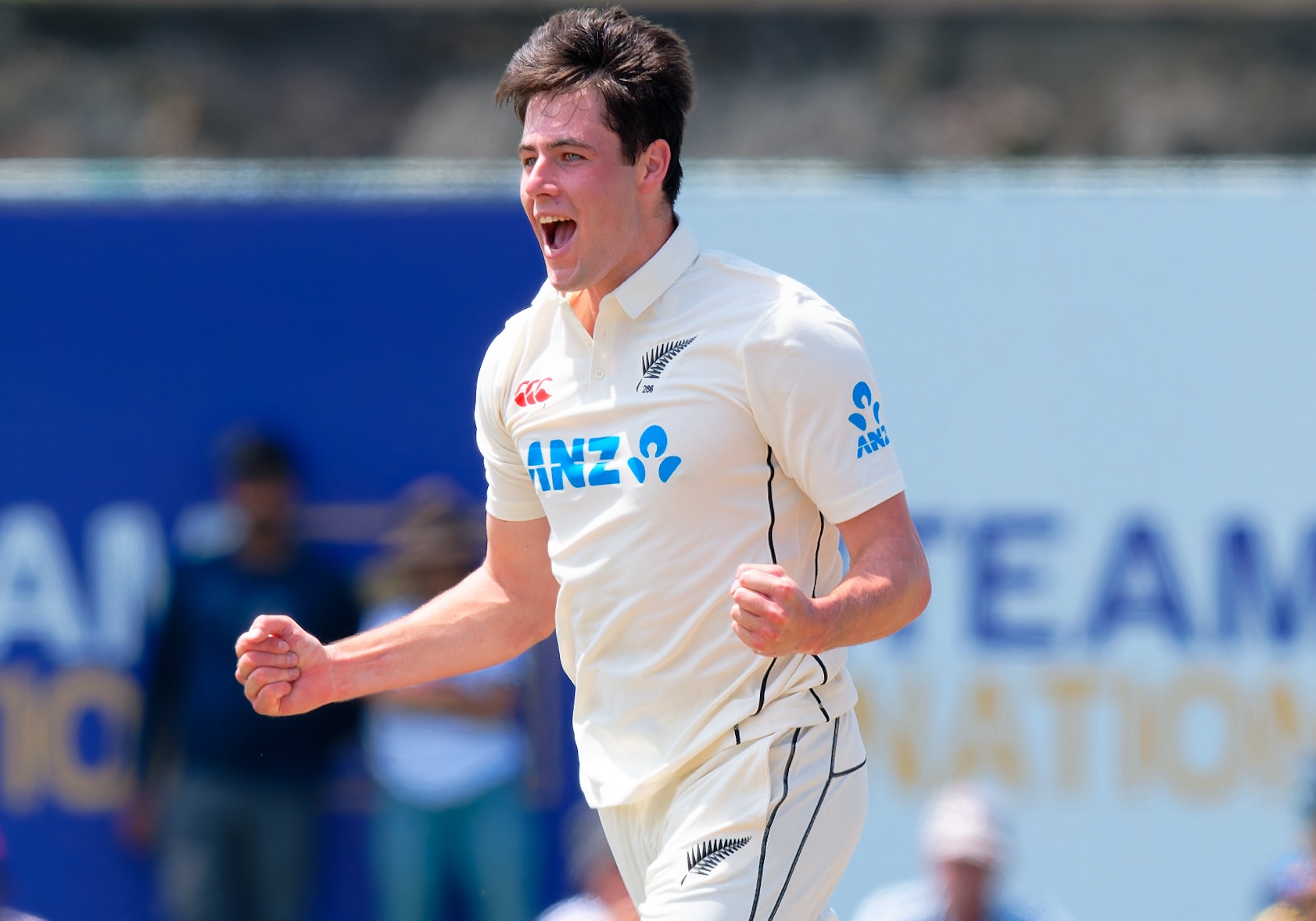 Will O'Rourke celebrates a wicket on day one of the first test. Photo / Sri Lanka Cricket
