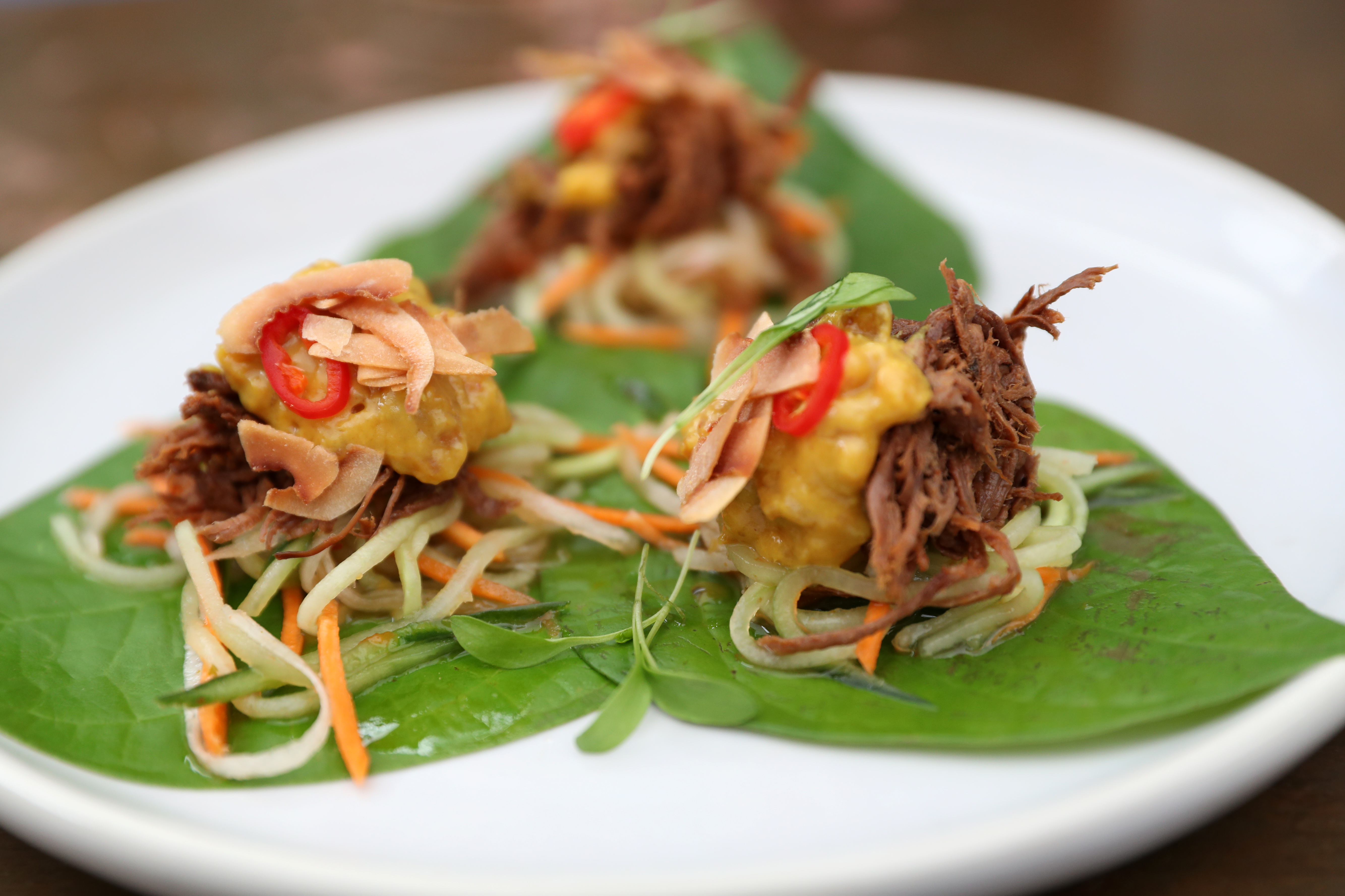 The wagyu beef betel leaves entree. Photo / Ted Baghurst