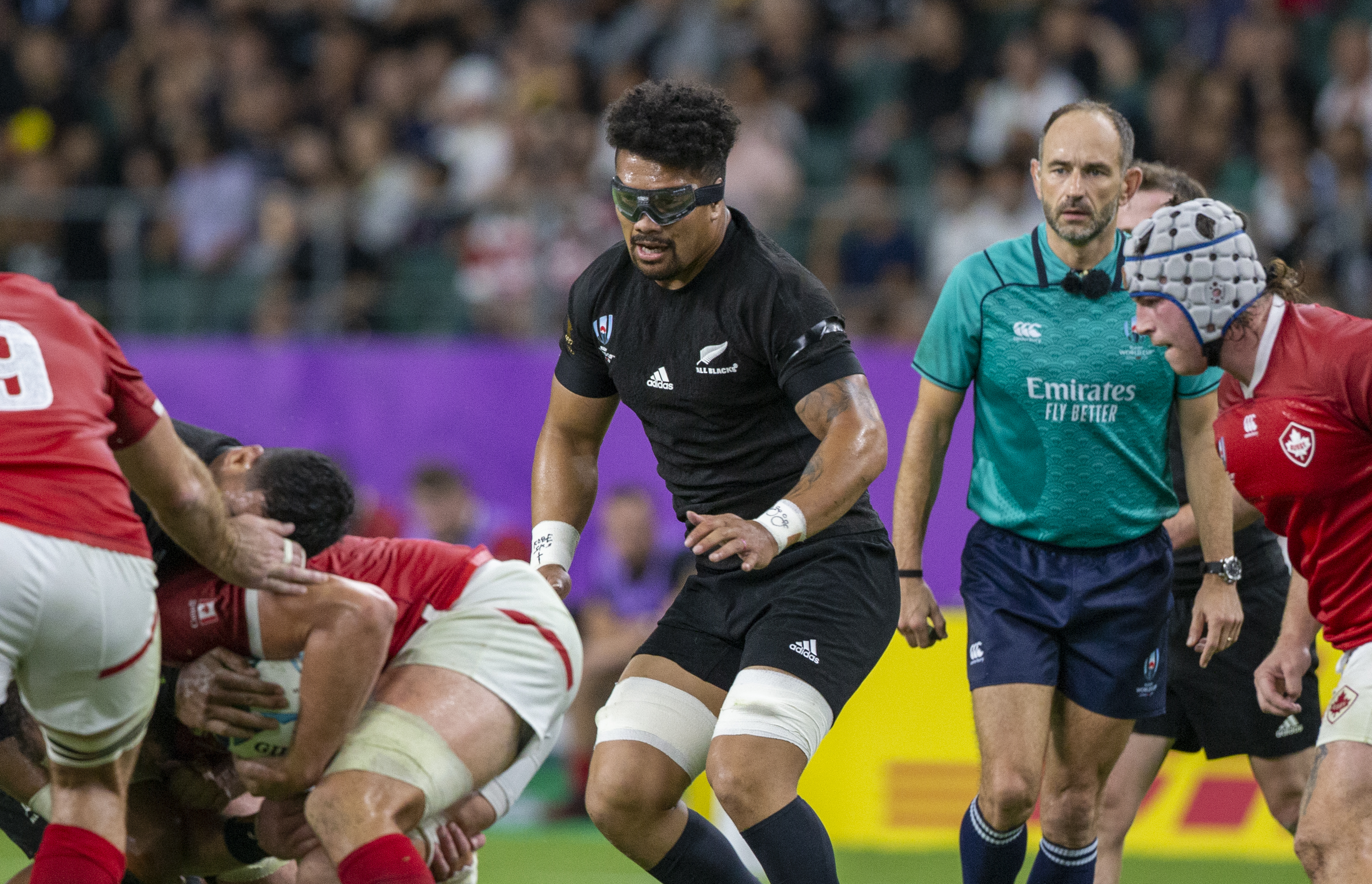 All Blacks flanker Ardie Savea wearing his goggles during their RWC pool match against Canada at the Oita Stadium. Photo / Mark Mitchell