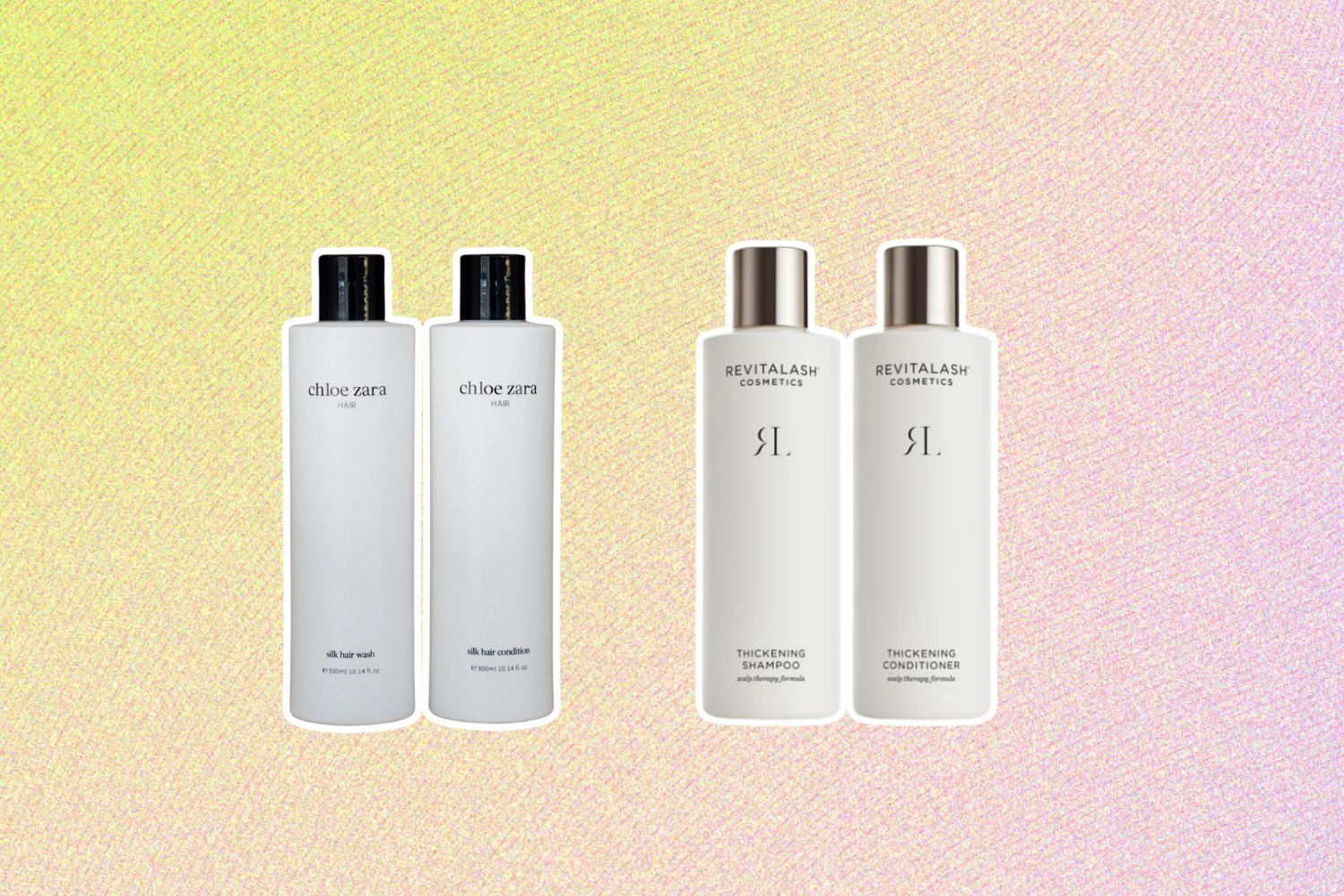From left: Chloe Zara Silk Wash & Silk Condition; RevitaLash Cosmetics Thickening Shampoo and Conditioner Duo.