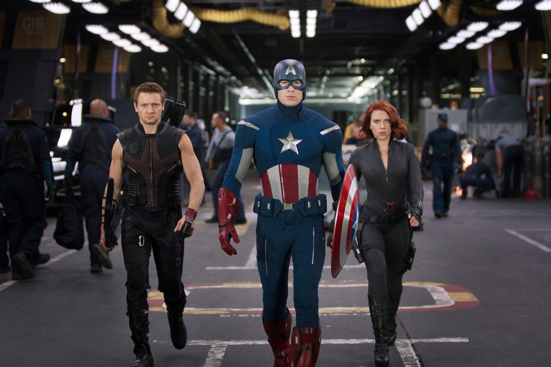 Jeremy Renner, Chris Evans and Scarlett Johansson in The Avengers.