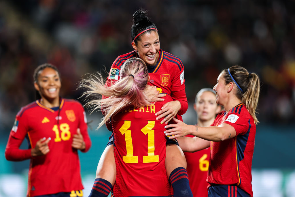 Spain's Jennifer Hermoso celebrates with teammates after scoring against Zambia at Eden Park. Photo / Getty Images