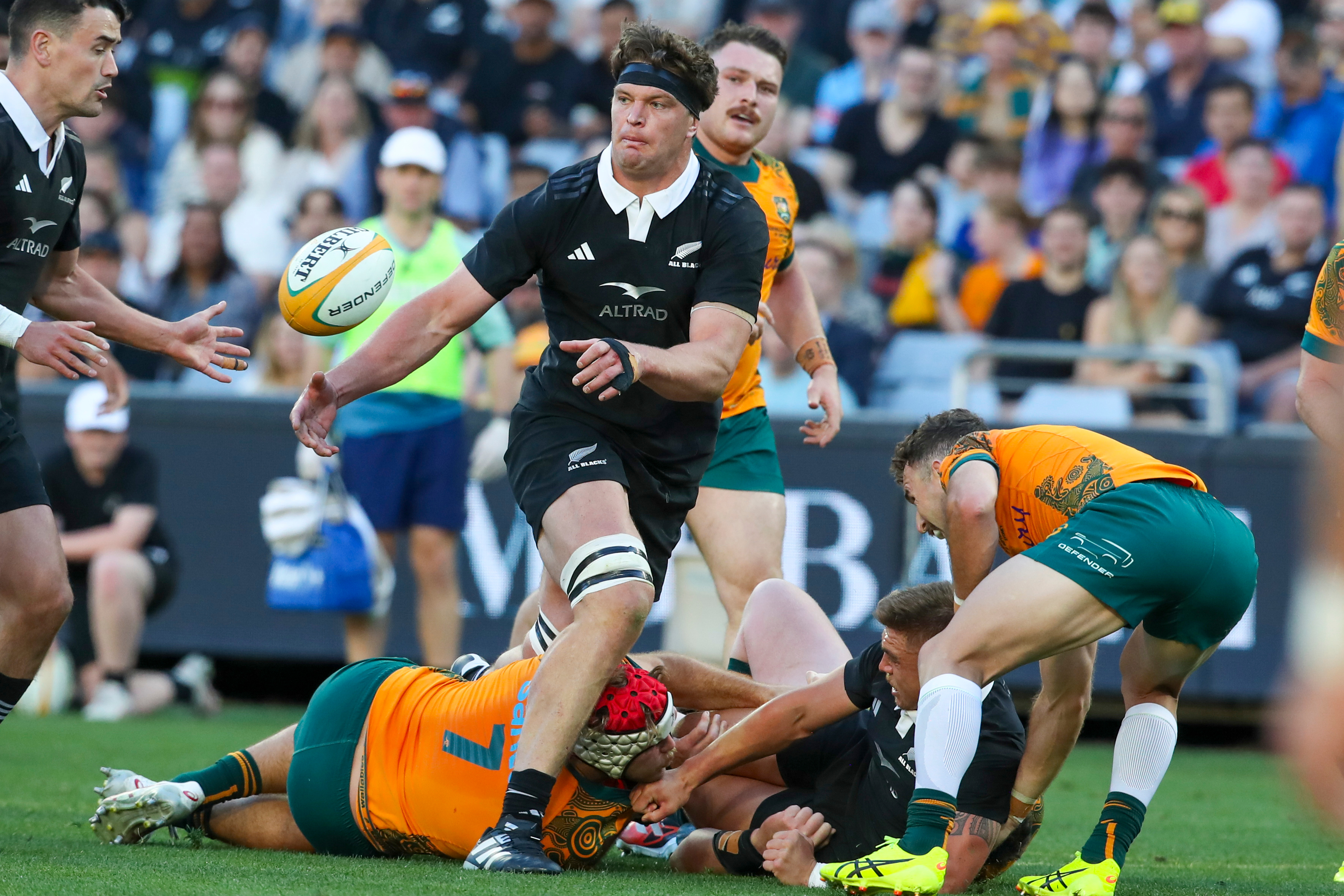 All Blacks skipper Scott Barrett in action during the opening Bledisloe Cup test. Photo / Photosport