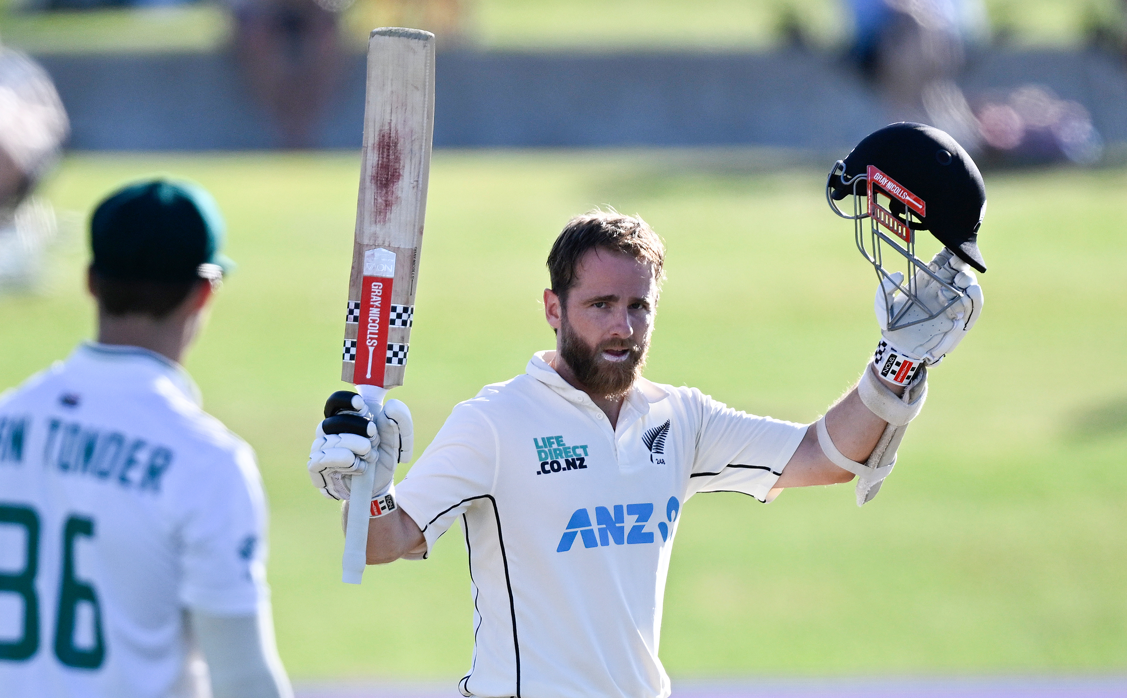 Kane Williamson celebrates his second-innings century against South Africa. Photo / Photosport