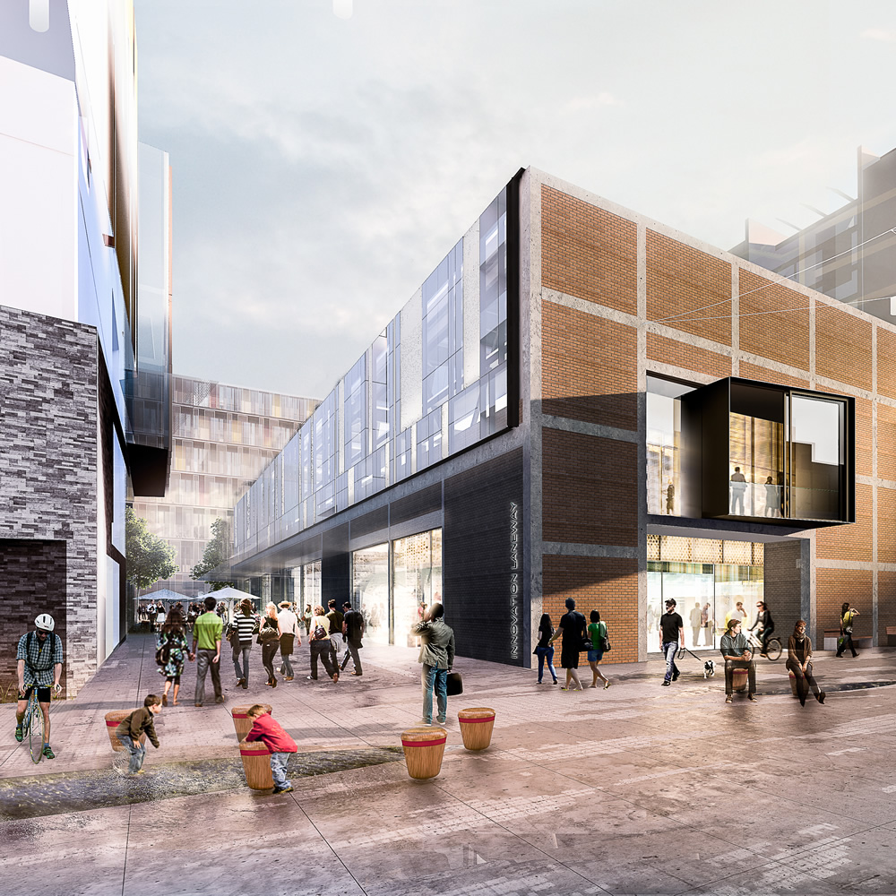 The interlinking laneways create a campus feel to the GridAKL innovation precinct. Pictured are the Mason Bros (top), and Madden St buildings. The GridAKL buildings (below) provide flexible co-working spaces and a modern, refreshing environment. Photo / File