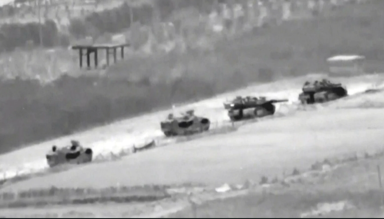 In this undated image taken from video released by the Israeli Defence Forces, a line of Israeli tanks are showing during an incursion into the Gaza Strip. Image / Israeli Defence Forces via AP