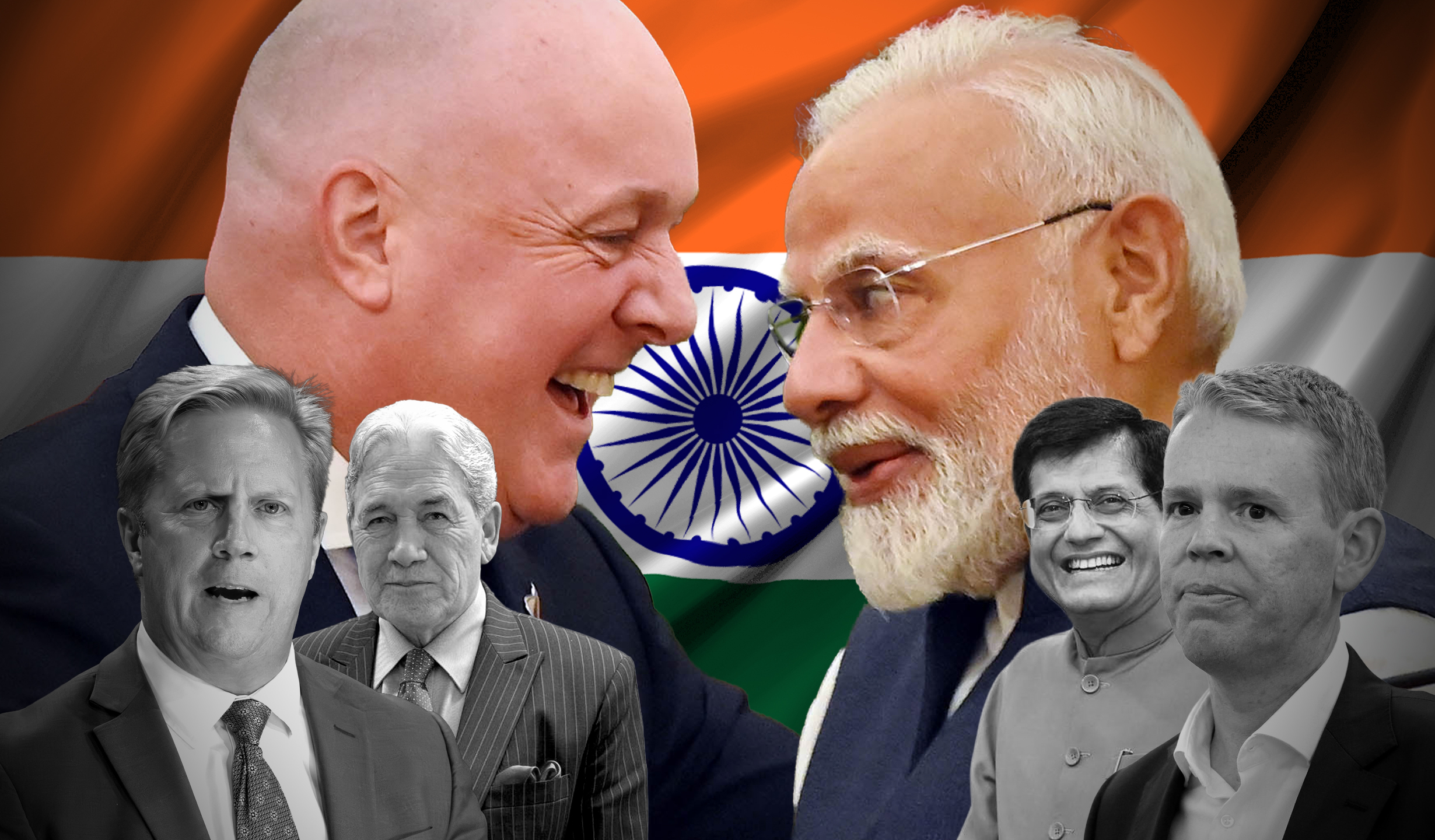 Prime Ministers Christopher Luxon and Narendra Modi and politicians (from left) Todd McClay, Winston Peters, Piyush Goyal and Chris Hipkins. Graphic / Paul Slater