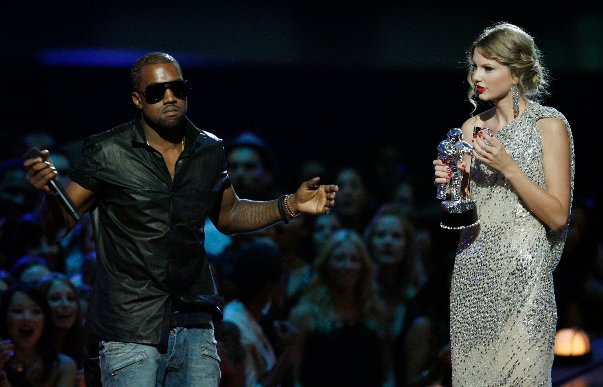 West infamously interrupted Swift when she won her VMA award in 2009. Photo / AP