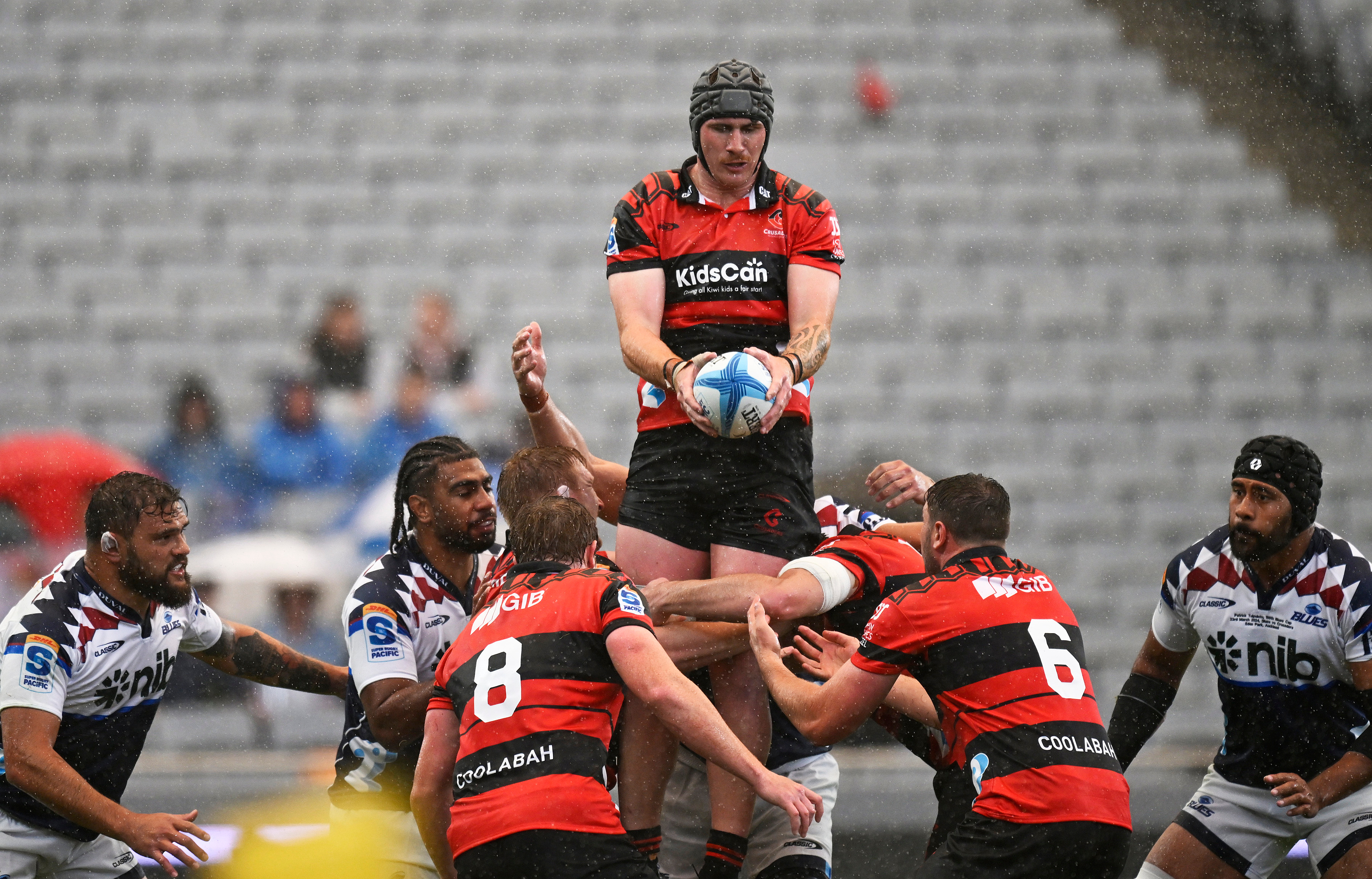 Tahlor Cahill takes lineout for the Crusaders during the Blues match at Eden Park. Photo / Photosport