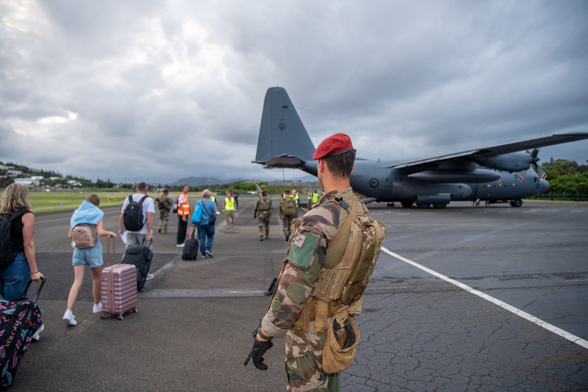 First evacuation flight to repatriate New Zealand tourists from New Caledonia.