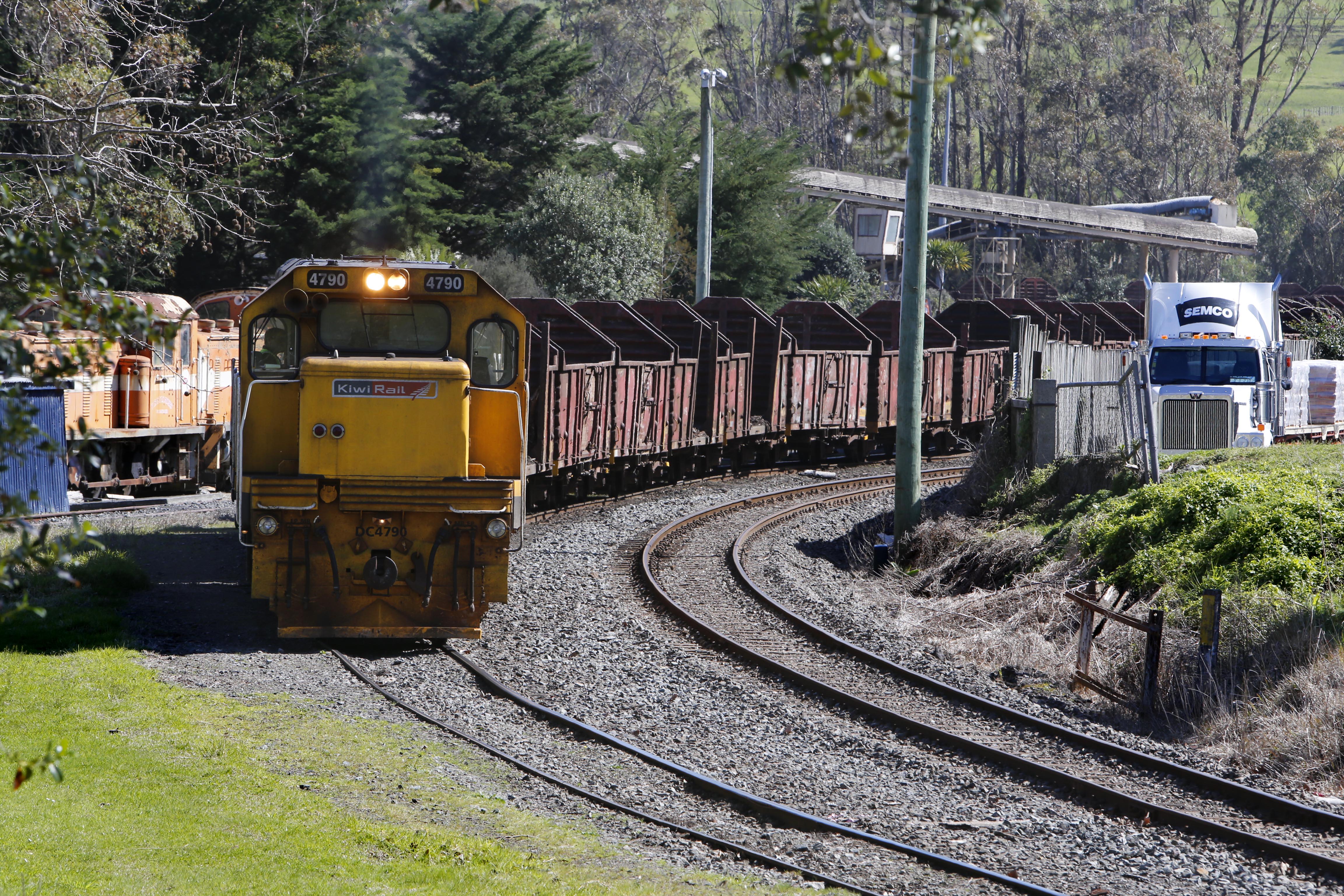 A KiwiRail train after unloading logs in Portland following its last run between Whangārei and Otiria on August 31, 2016, when the line was mothballed.