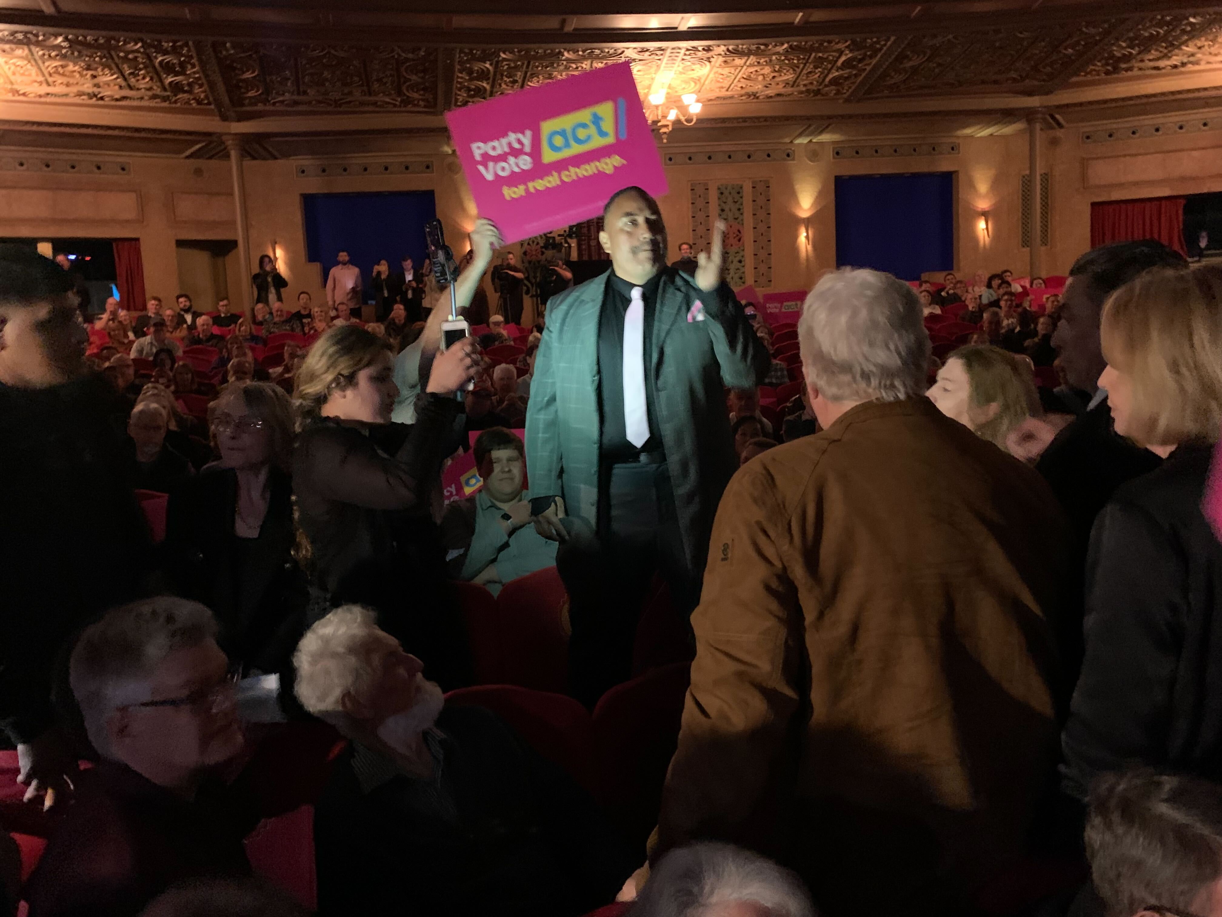 Karl Mokaraka, of Vision NZ, disrupted Act's campaign launch in Auckland. Photo / Adam Pearse