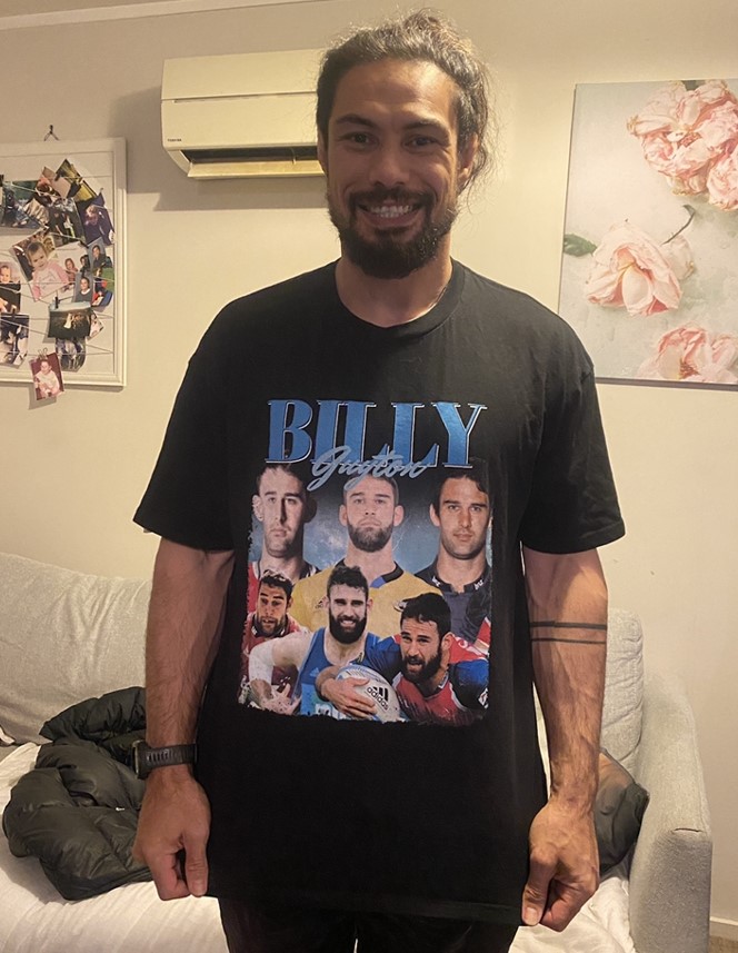 Shane Christie wearing a T-shirt made to commemorate his friend and former fellow player Billy Guyton.
