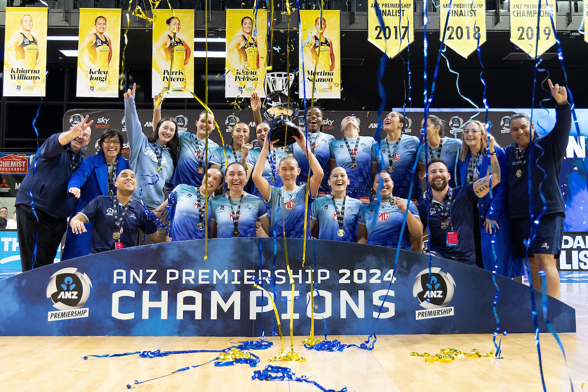 The Mystics celebrate winning the 2024 ANZ Premiership grand final. Photo / Photosport