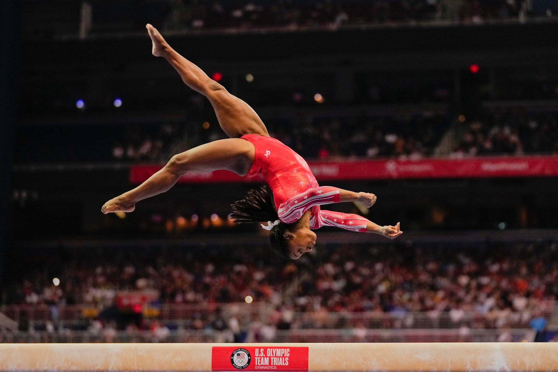 Simone Biles competes on the balance beam during the women's US Olympic Gymnastics Trials earlier this week. Photo / AP