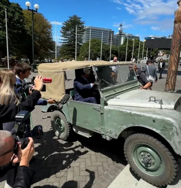 David Seymour attempts to drive a Land Rover up the steps of Parliament on Monday. Photo / Act