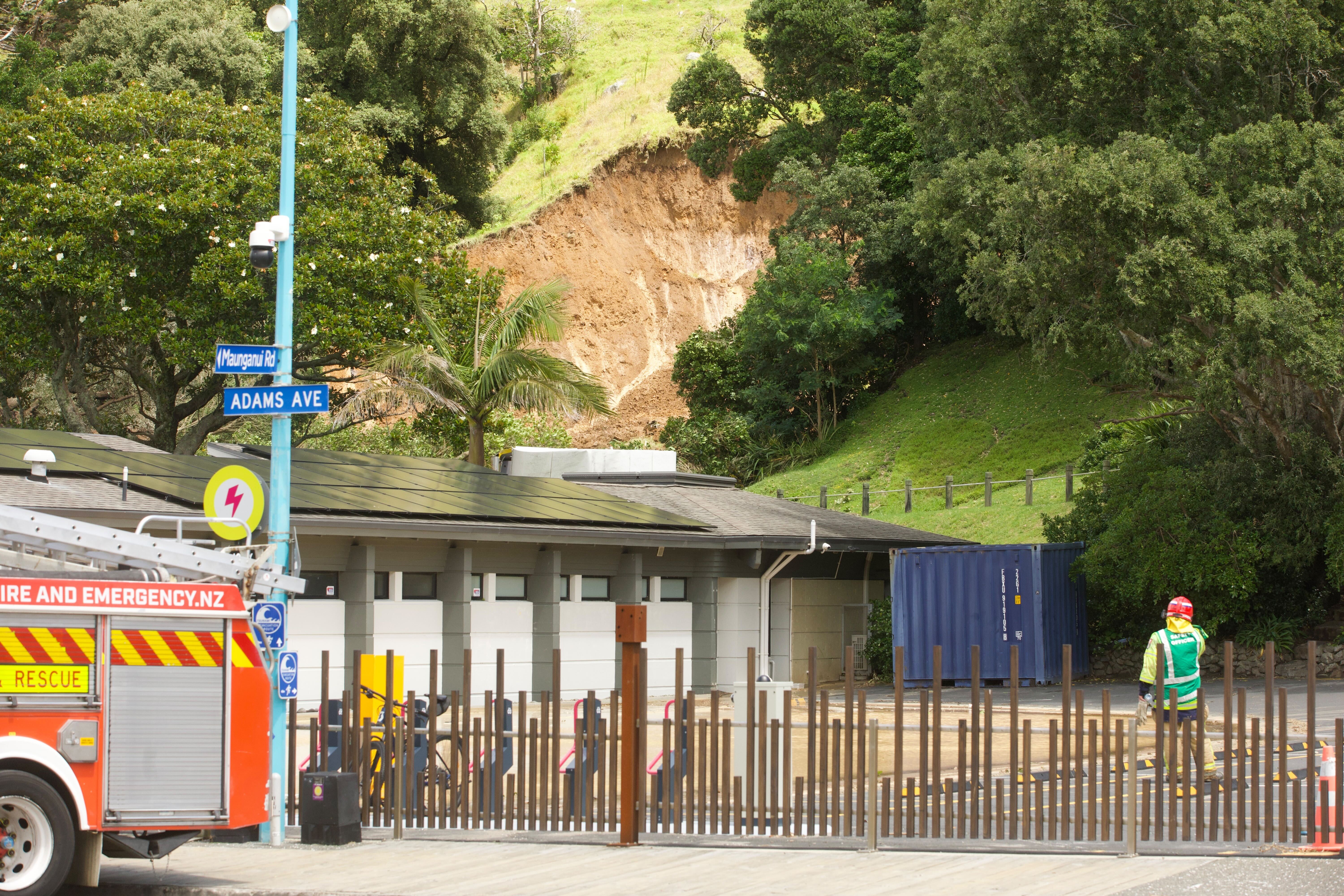 A landslide from Mauao hit Mount Maunganui Beachside Holiday Park on Thursday morning. Photo / Jason Dorday.