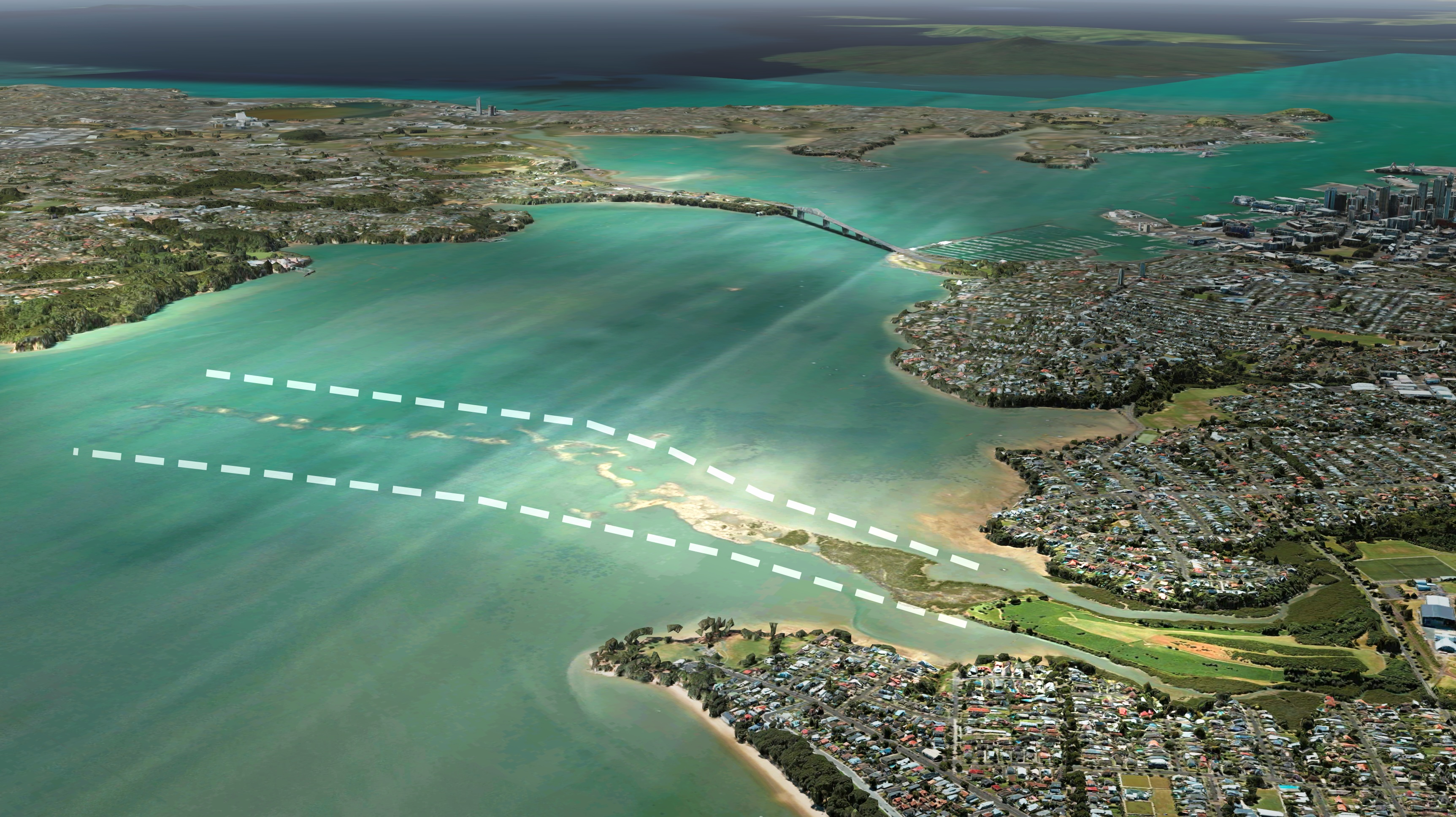 Auckland Mayor Wayne Brown has proposed a second harbour bridge  between Pt Chevalier and the North Shore. The original bridge is shown at the top of the frame. Image / Mayor's office