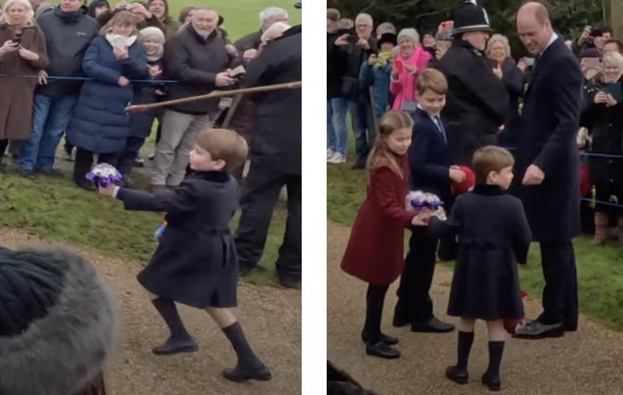 The moment Prince Louis won over the crowd when he dashed toward sister Charlotte with a bouquet of flowers. Photo / YouTube