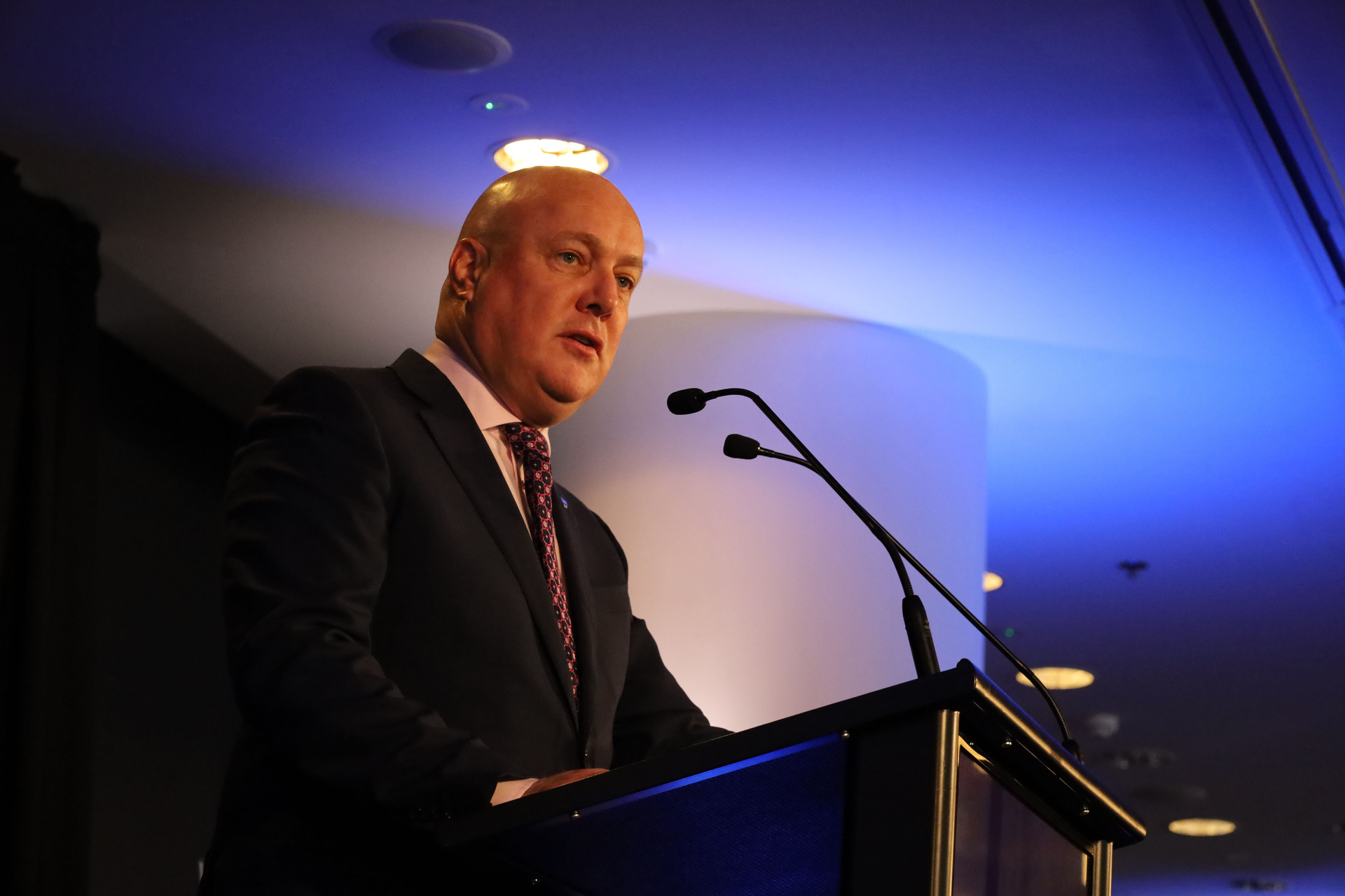 Leader Christopher Luxon speaks at the National Party post Budget breakfast at Eden Park. Photo / Jed Bradley.