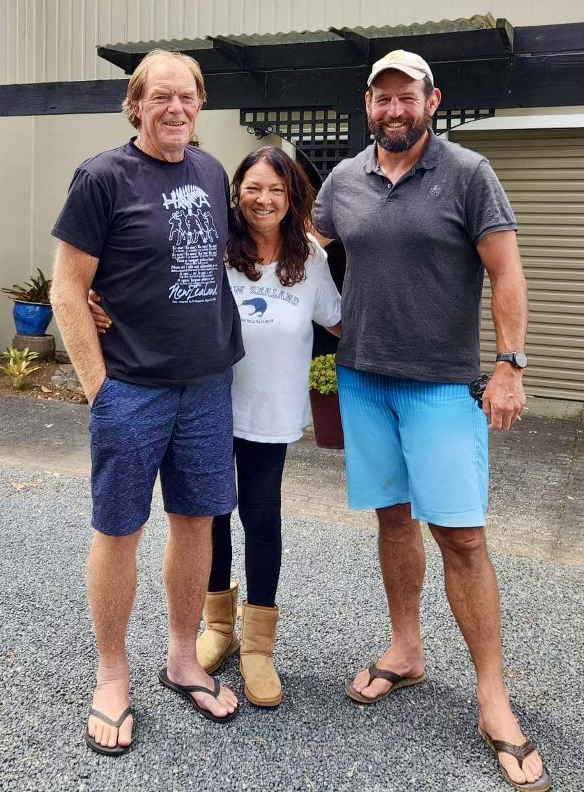 Former All Blacks Geoff Old and Carl Hayman, who both believe their brain injuries stem from their playing days, with Old's wife Irene Gottlieb-Old.