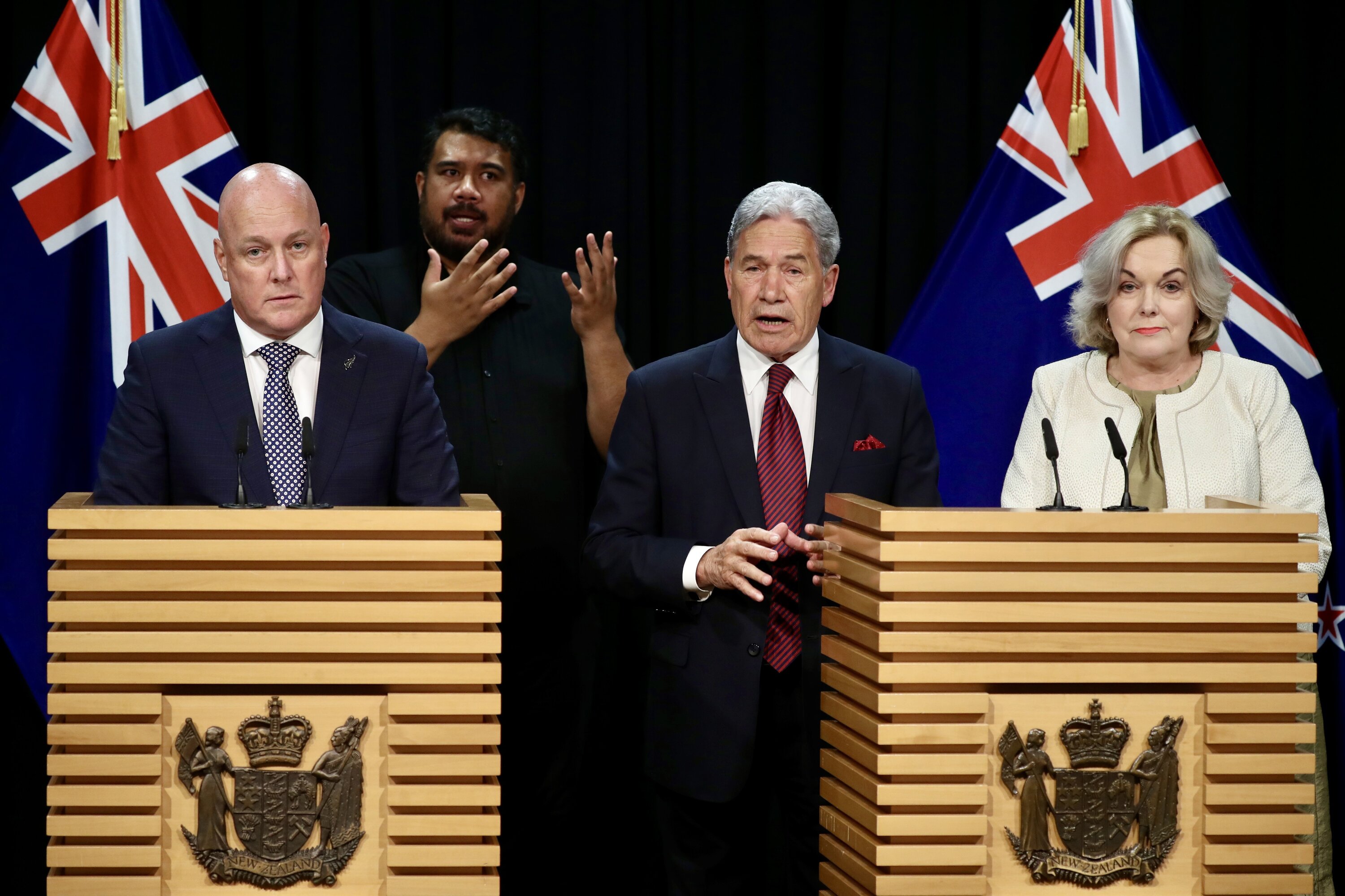 Christopher Luxon, Winston Peters and Judith Collins front the first post-Cabinet conference of the year at the Beehive. Photo / Mark Mitchell 