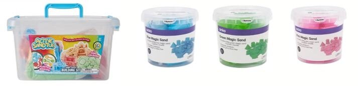 Kmart NZ Magic Sands products are being recalled after asbestos was detected. They are the the 14-piece Sandcastle Building Set, at left, and the Blue, Green and Pink Magic Sand sets. Photo / Screengrab via Kmart recall notice