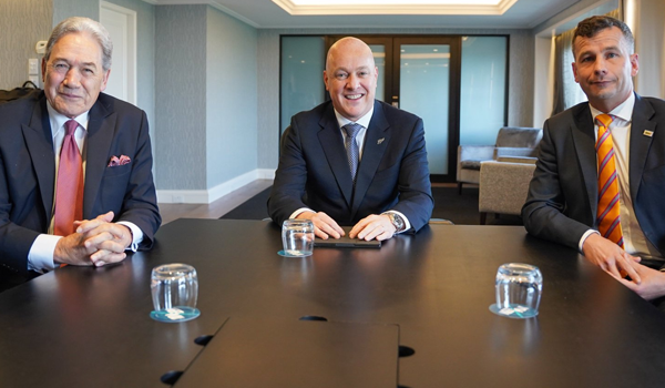 NZ First leader Winston Peters (from left), National's Christopher Luxon and Act's David Seymour gathered after the election for coalition negotiations. Photo / Winston Peters