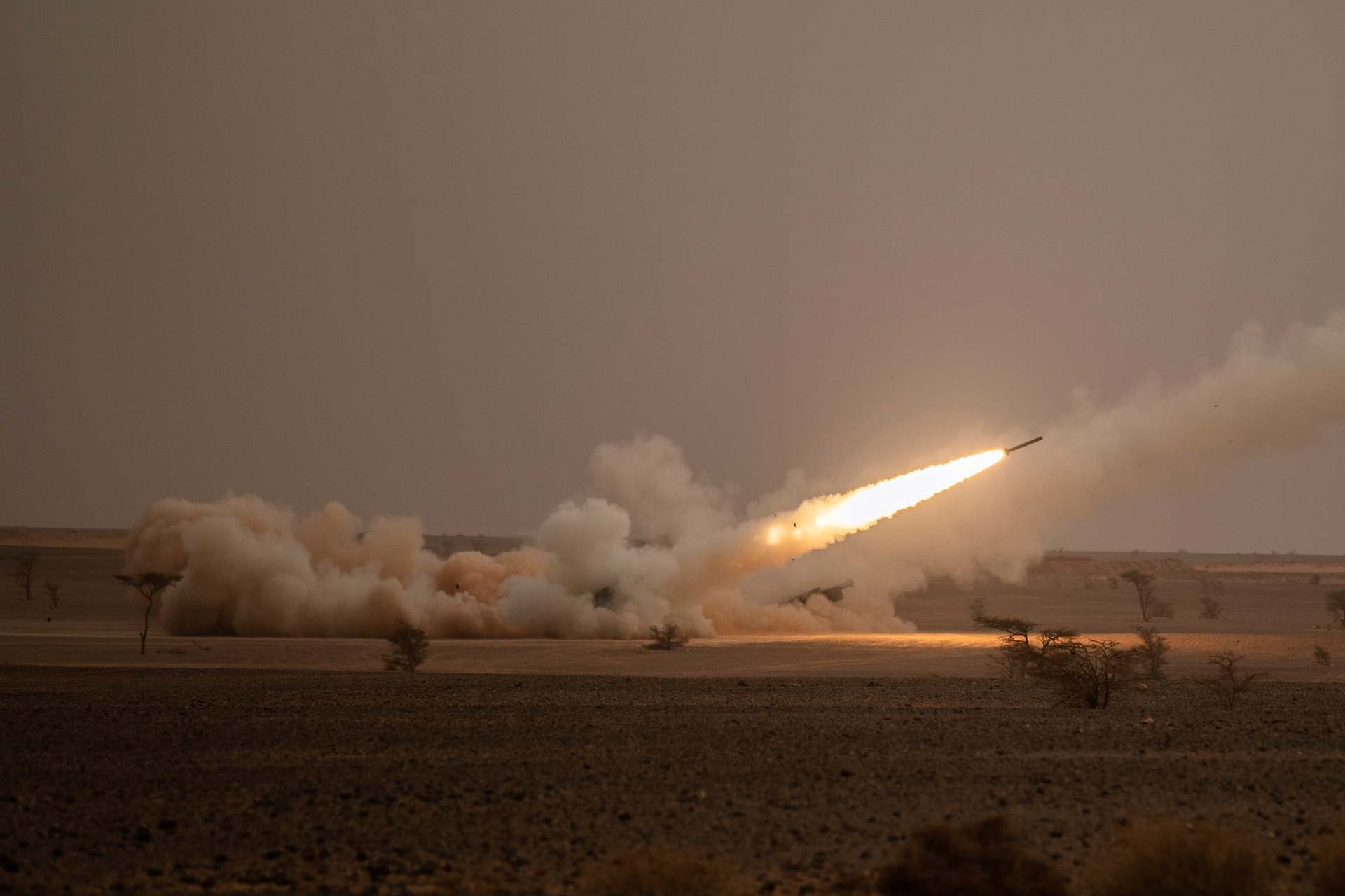 A launch truck fires the High Mobility Artillery Rocket System (Himars). Photo / AP