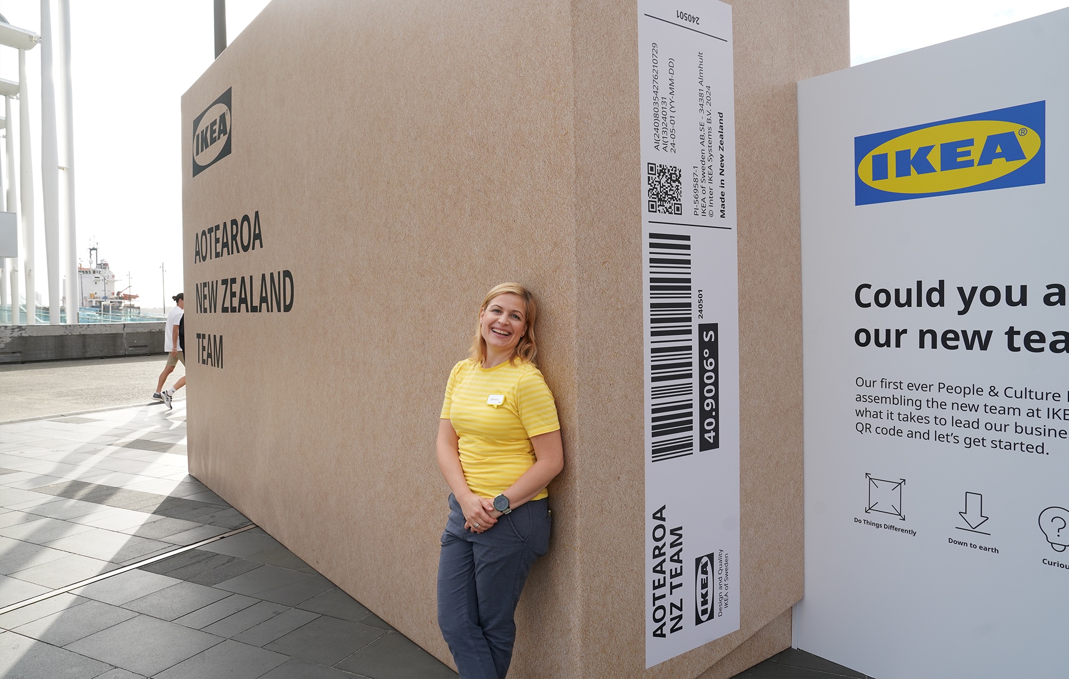Johanna Cederlöf, market manager for Ikea Sylvia Park, this month showed off a new flatpak box, displayed to show the retailer is hiring. Photo / Ikea