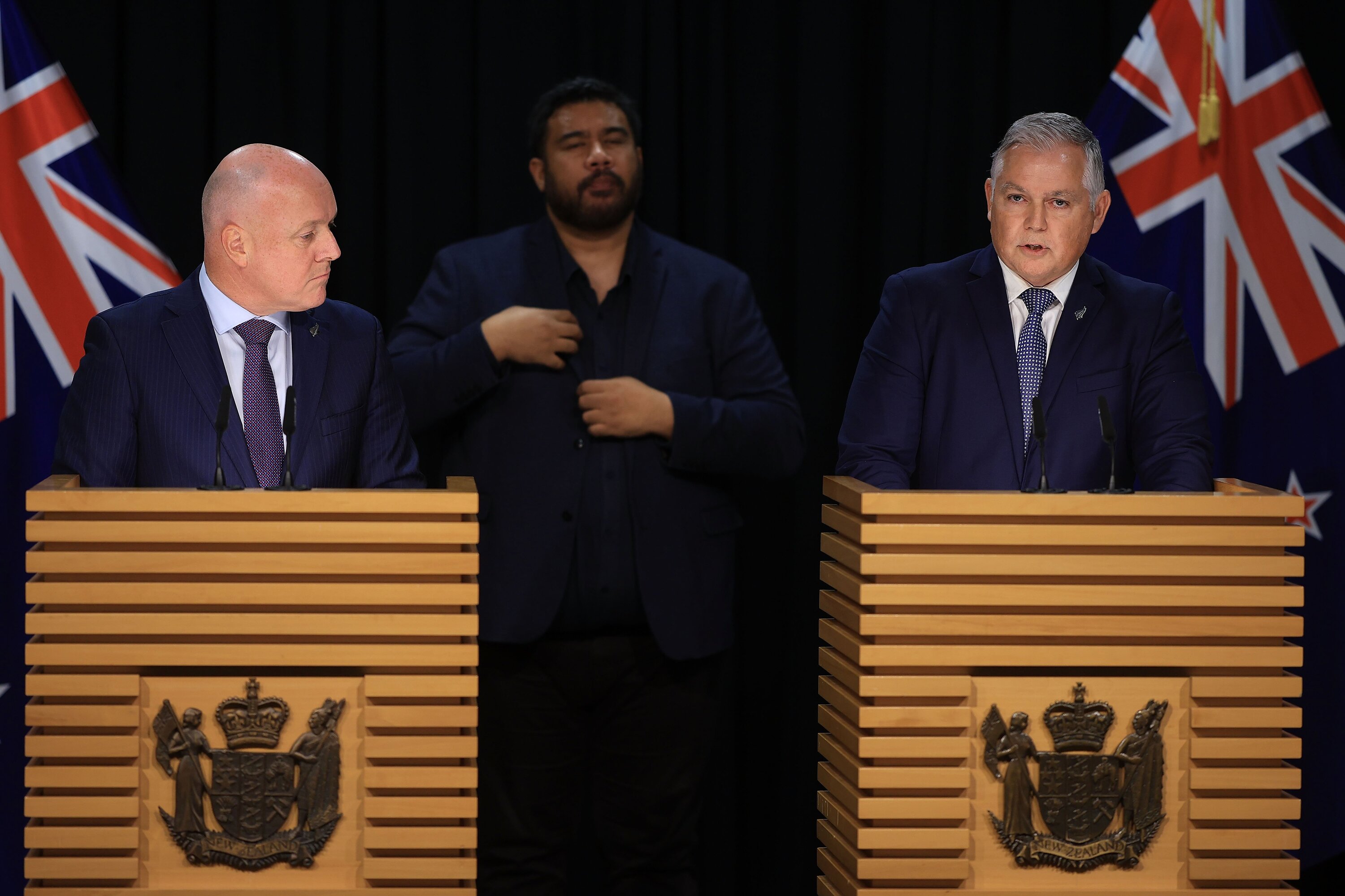 Prime Minister Christopher Luxon with Police Minister Mark Mitchell gave conflicting statements about the boot camps. Photo / Marty Melville