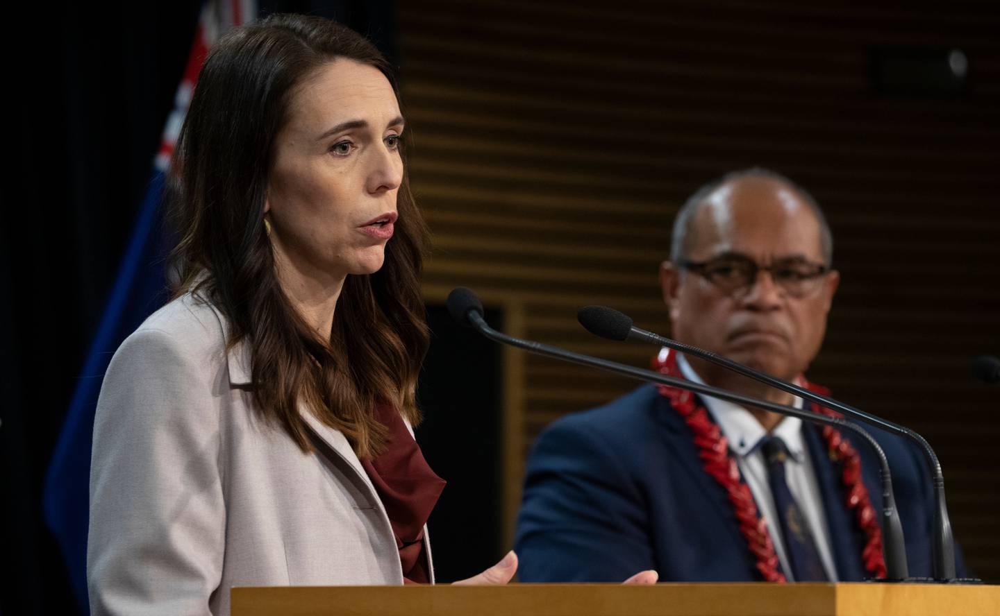 Prime Minister Jacinda Ardern and Pacific Peoples Minister Aupito William Sio addressing the Dawn Raids during a post-Cabinet press conference last month. Photo / Mark Mitchell