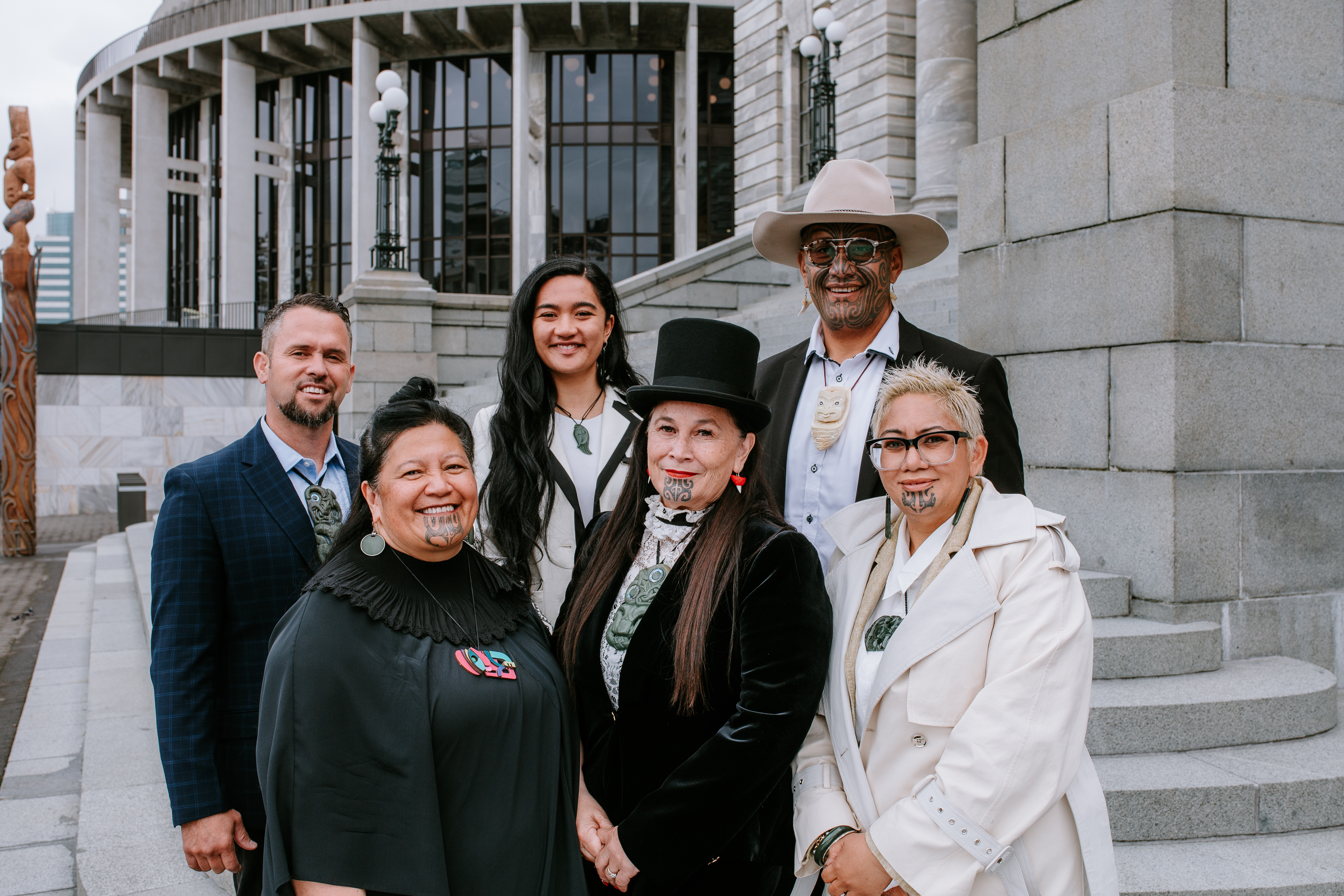 Te Pāti Māori caucus from left: Takuta Ferris, Mariameno Kapa-Kingi, Hana Rawhiti Maipi-Clarke, co-leader Debbie Ngarewa-Packer, co-leader Rawiri Waititi and Takutai Tarsh Kemp. Photo / Te Pāti Māori / Kiriana Eparaima-Hautapu