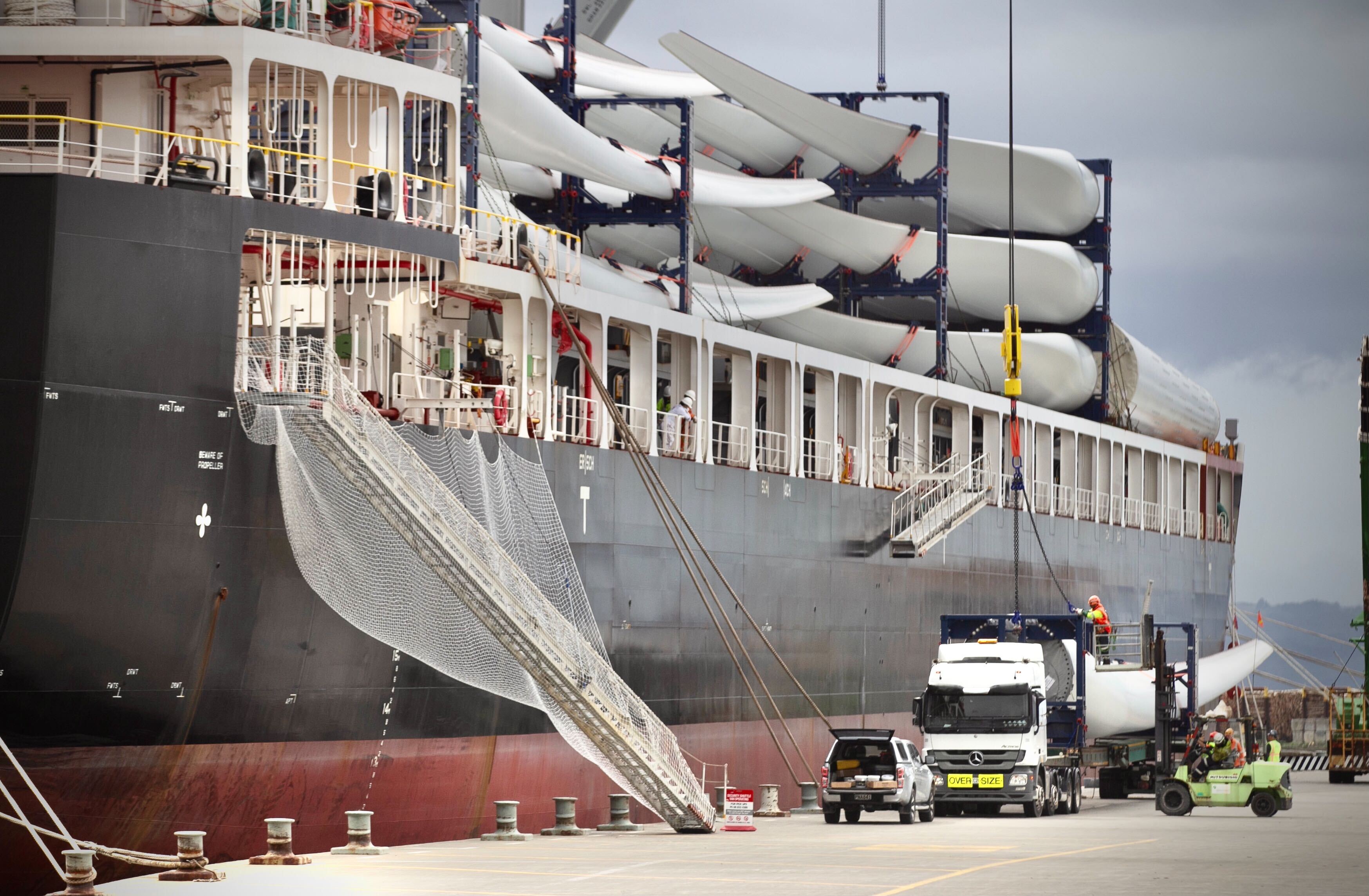 Pacific Endeavour unloading the first blade for the Harapaki wind farm in Napier in March. The consequences of Cyclone Gabrielle mean transporting components to the site is only now starting, but generation should begin in October. Photo / Warren Buckland