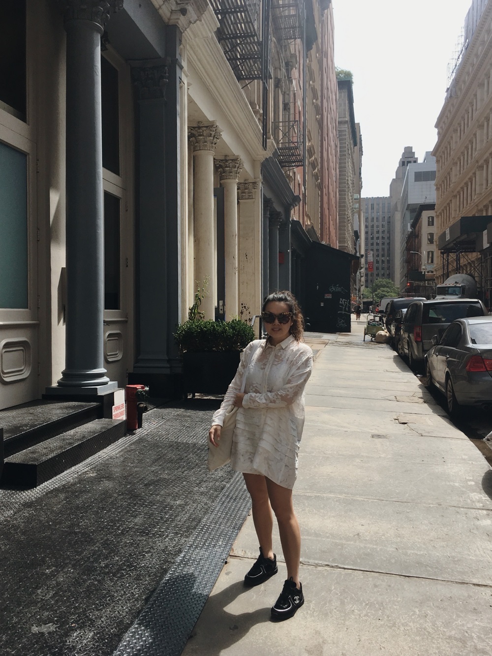 Jiali Yang in New York wearing her Karen Walker shirt dress from 2009.