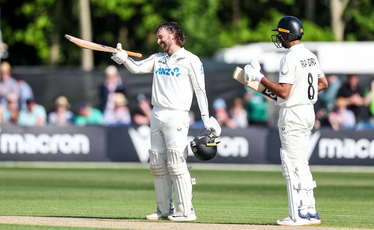 Tom Blundell celebrates his century against Ireland in Stormont. Photo / Photosport