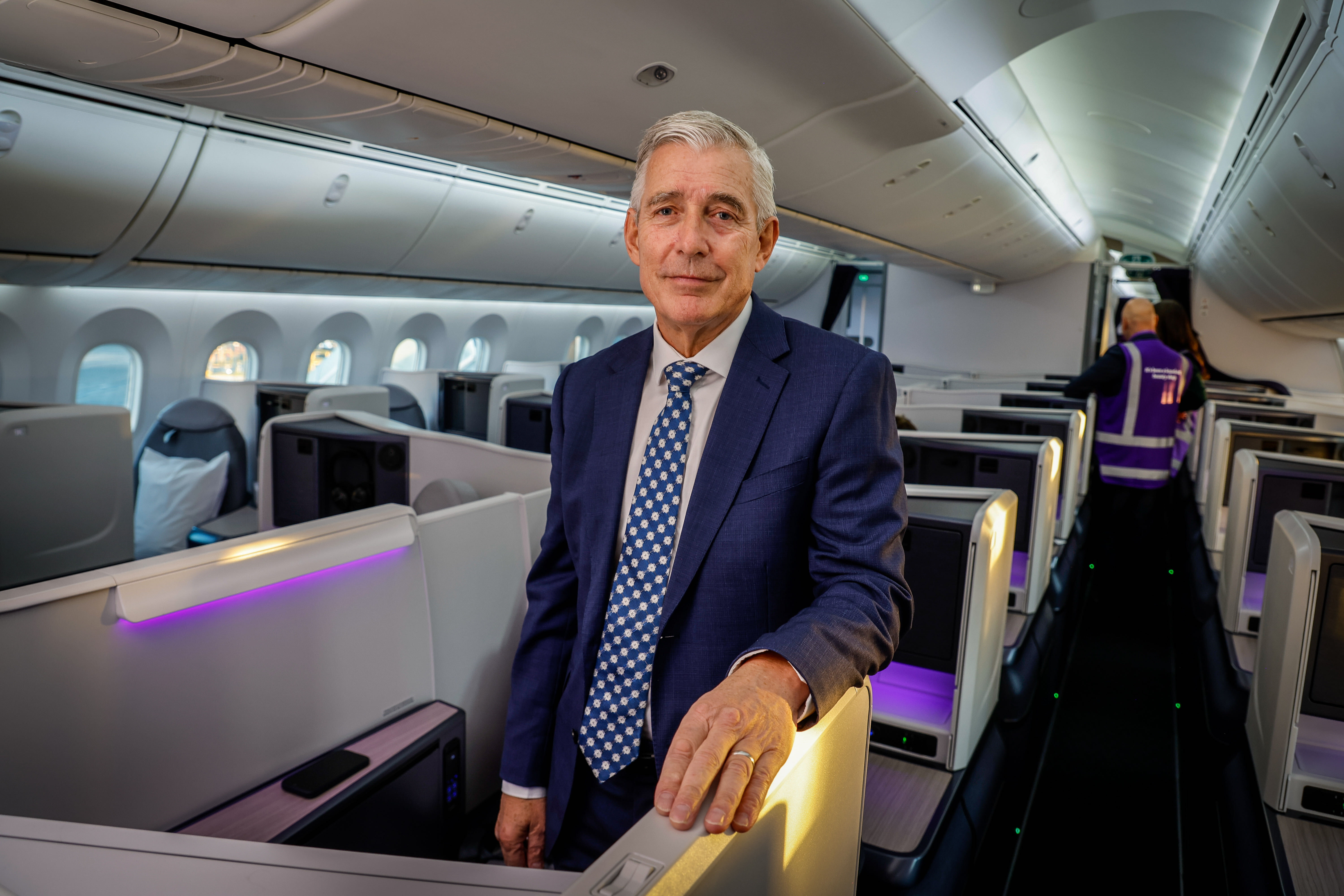 Air New Zealand chief executive Greg Foran inside the newly-renovated Dreamliner cabin this morning. Photo / Michael Craig