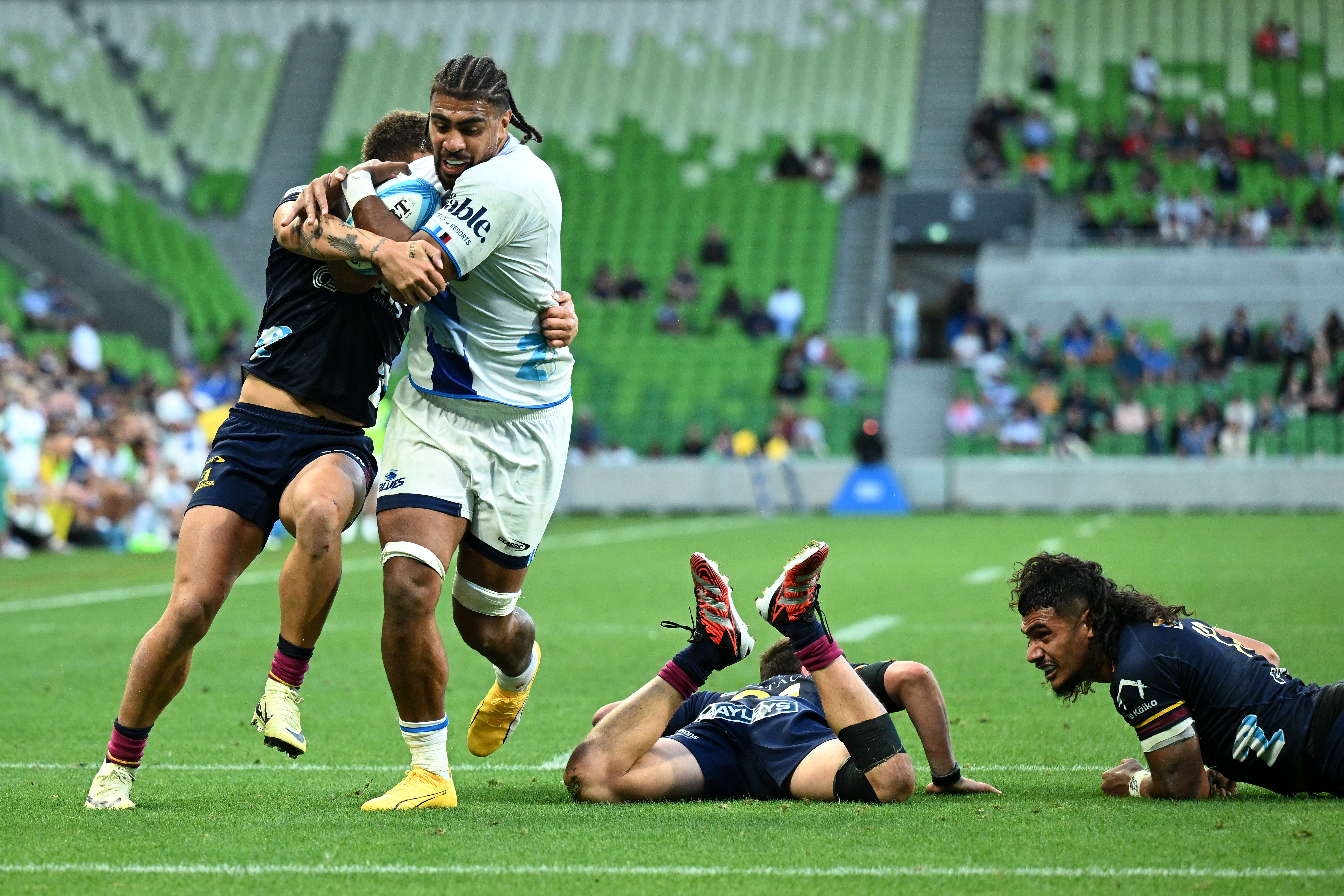 Hoskins Sotutu scored three tries in the Blues' win over the Highlanders. Photo / Photosport