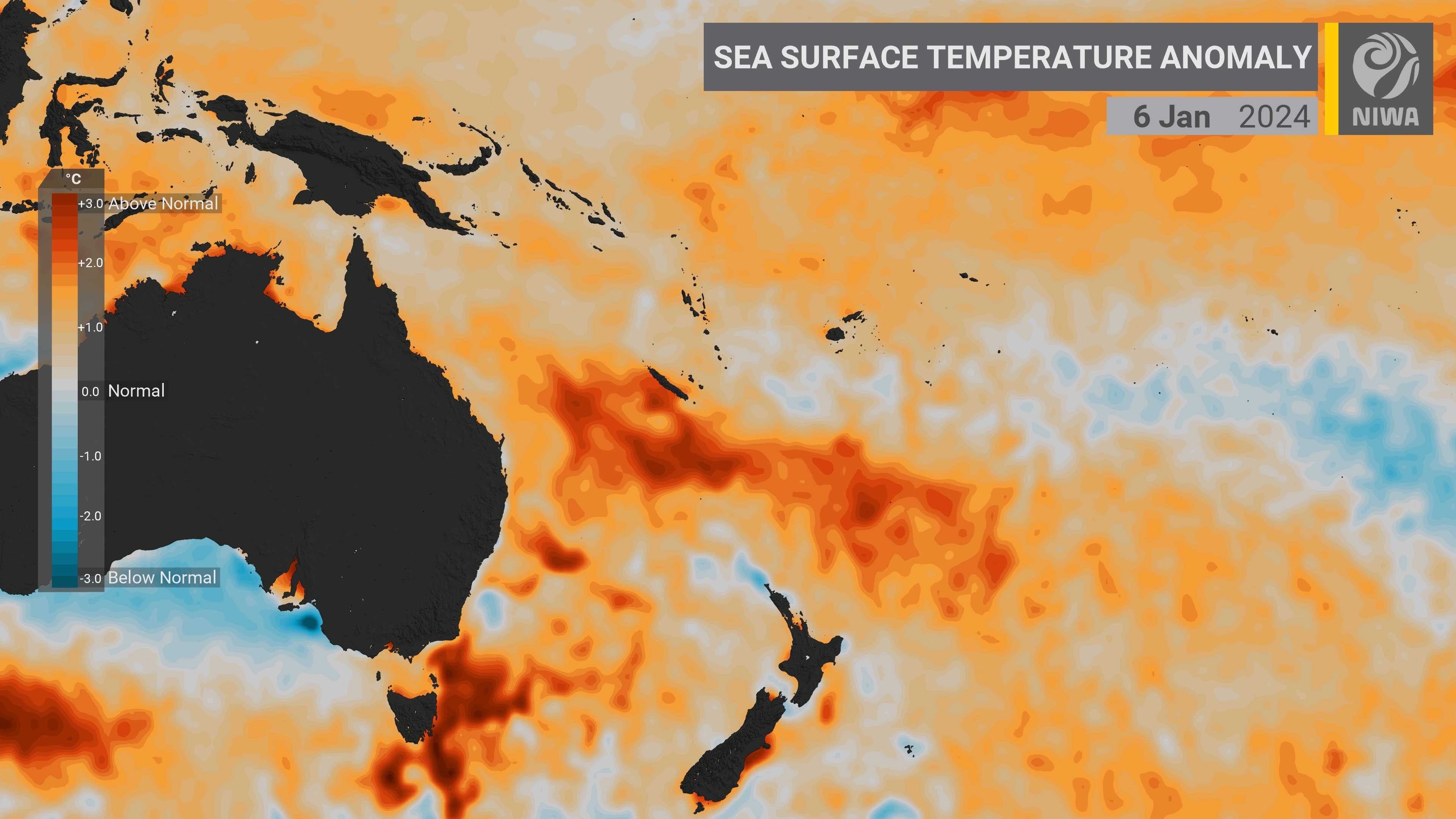 This image shows current sea surface temperature anomalies in the region around New Zealand. Image / Niwa