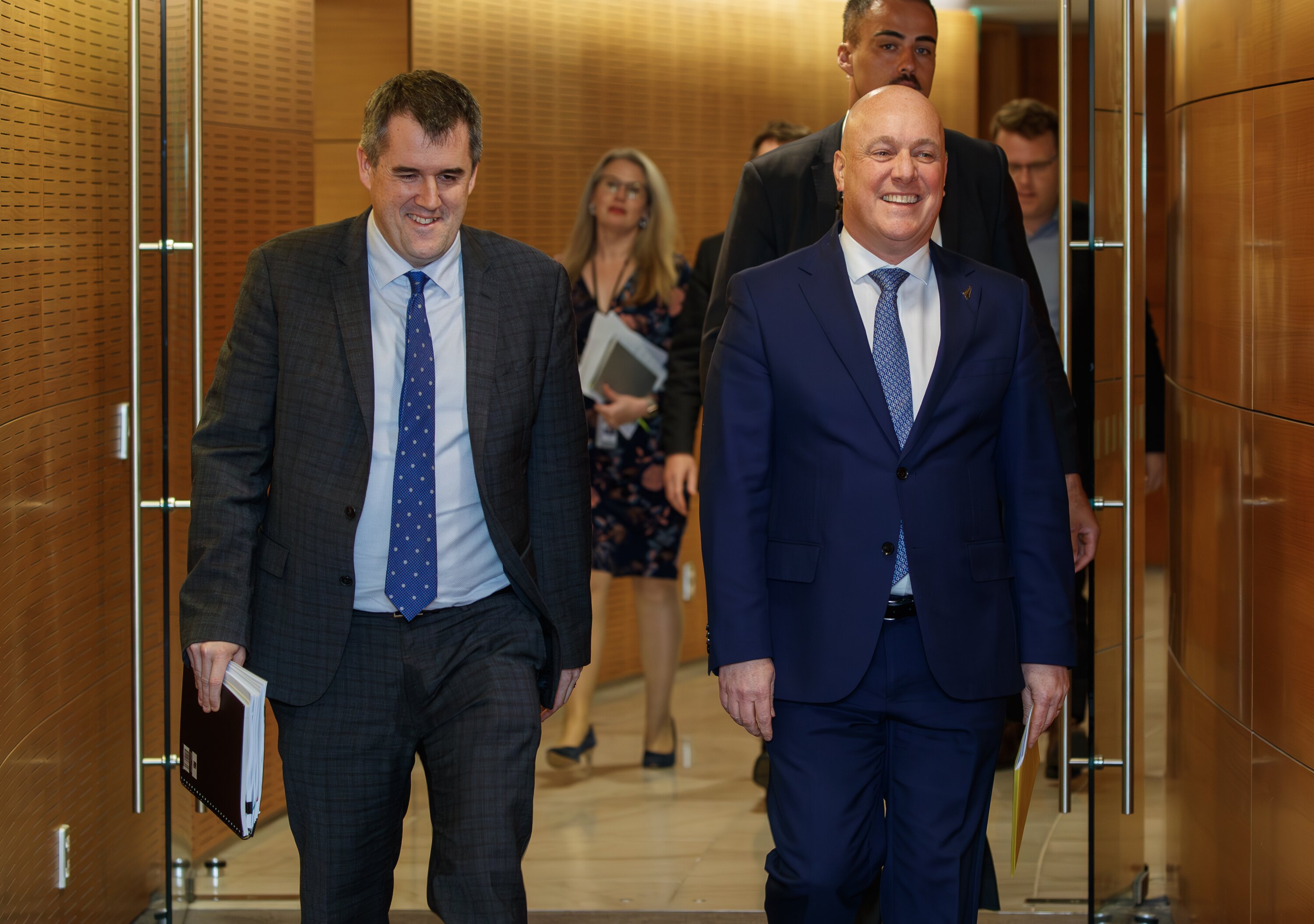Prime Minister Christopher Luxon and Housing Minister Chris Bishop arriving before announcing a multi-year shake-up of public housing agency Kāinga Ora.