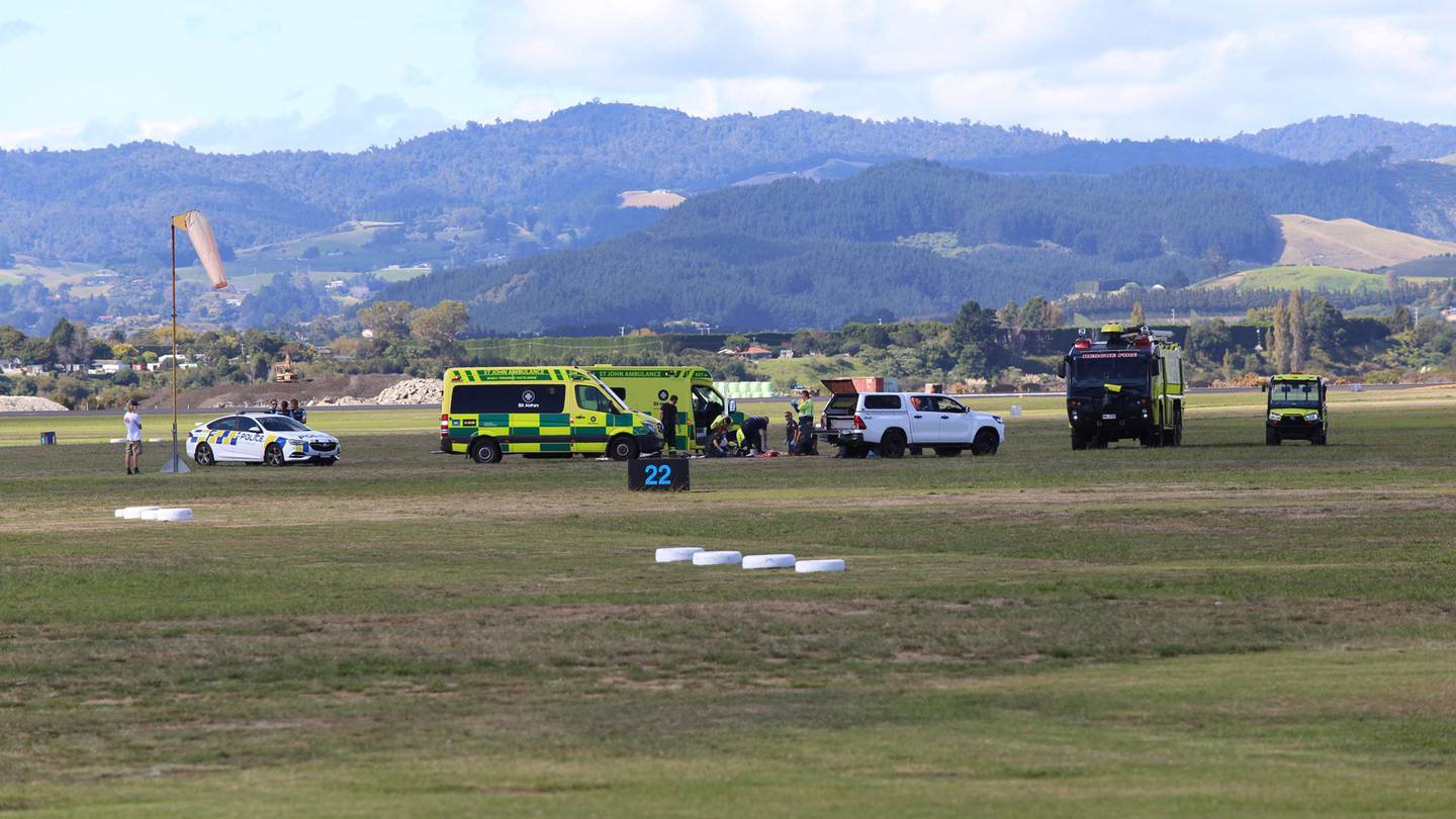 Emergency services at the scene of Saturday's fatal skydiving incident. Photo / Cameron Avery